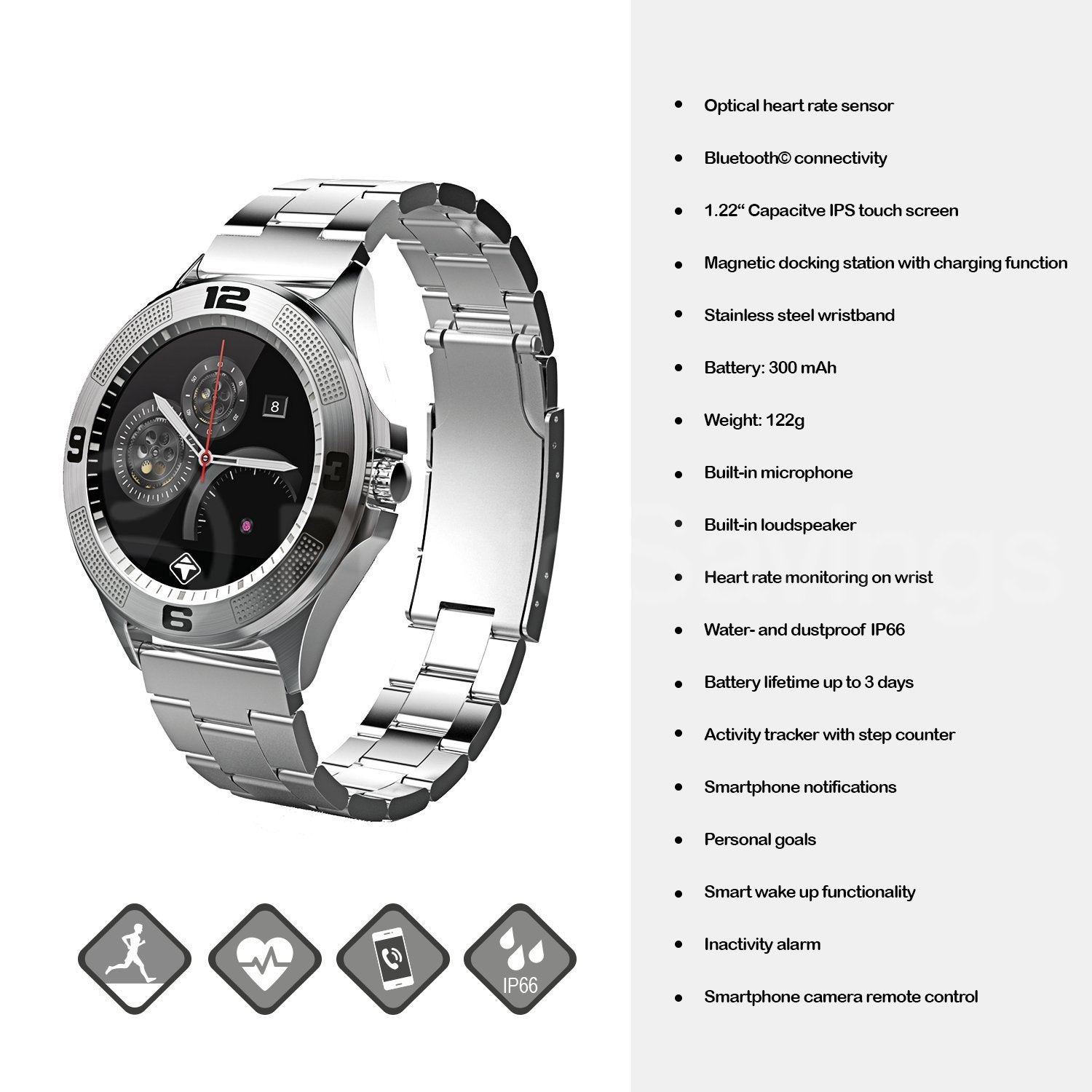 Tiger Smartwatch Stainless Steel Silver with Touch Screen for Android/iOS, with Microphone and Speaker