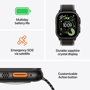 Apple Watch Ultra 3 GPS + Cellular 49mm Running & Multisport Smartwatch w/Rugged Titanium Case w/Black/Charcoal Trail Loop - M/L. Satellite Communications, Advanced Health & Fitness Tracking