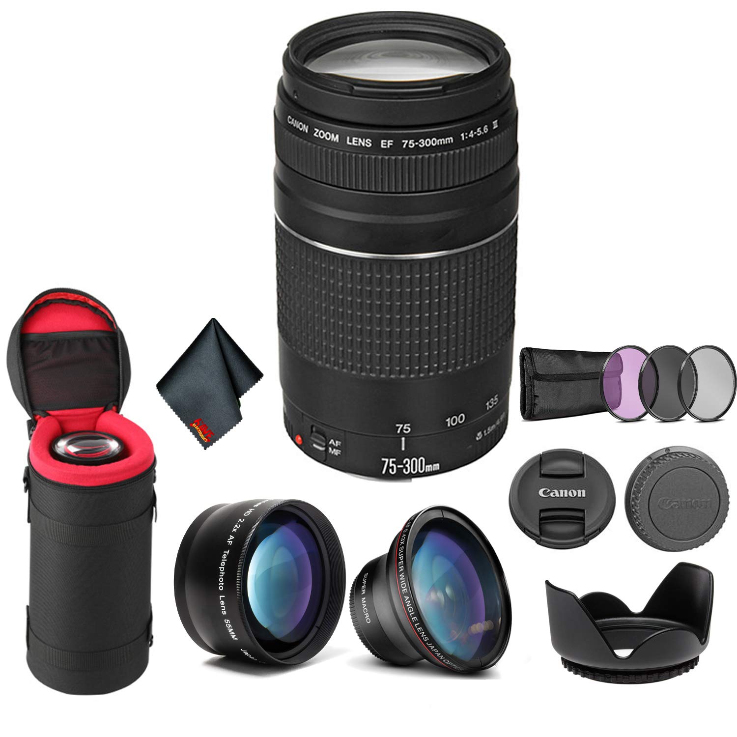 Canon EF 75-300mm f/4-5.6 III Telephoto Zoom Lens 6473A003 Bundle with Tulip Lens Hood + Wide Angle Lens + Telephoto Len