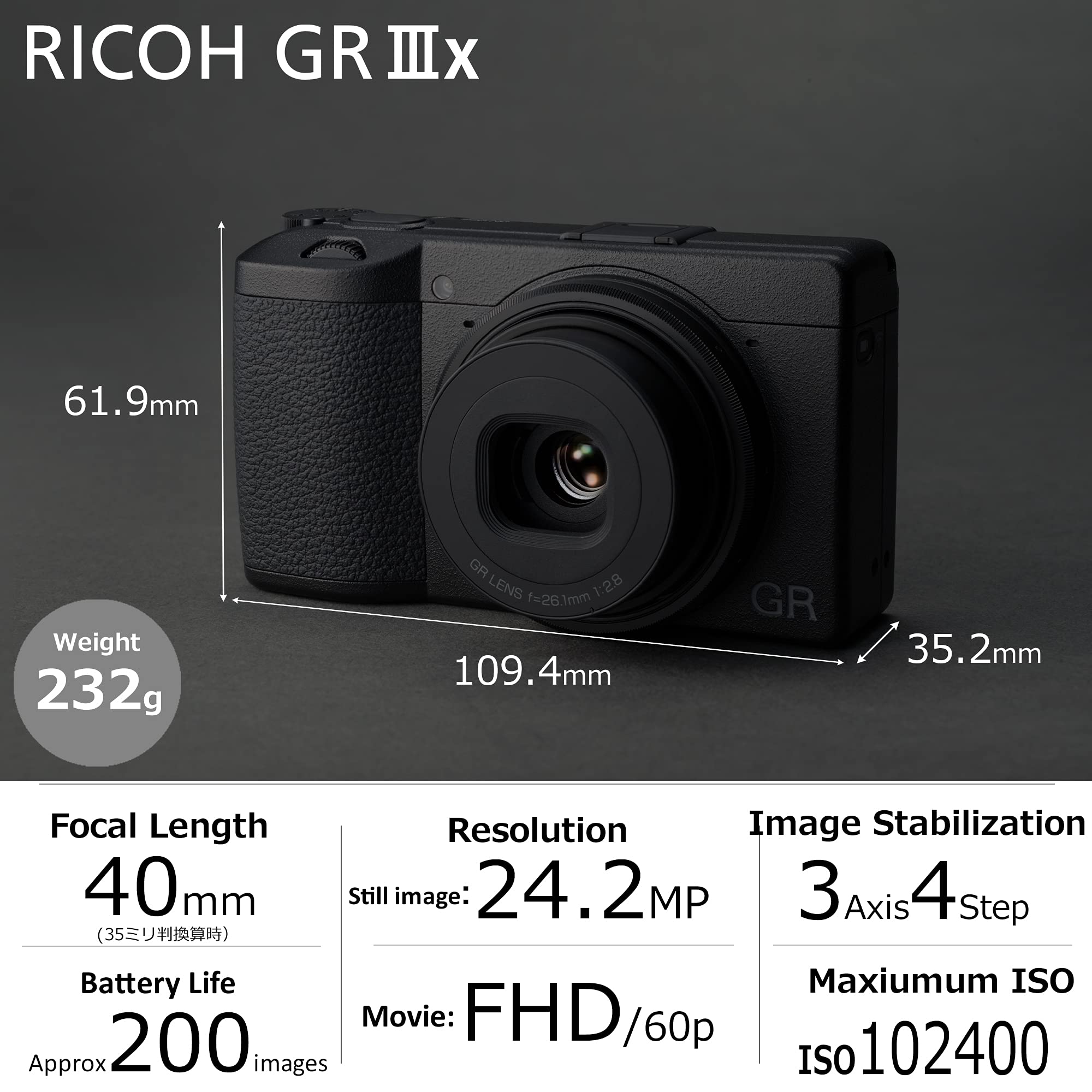 Ricoh GR IIIx, Black, Digital Compact Camera with 24MP APS-C Size CMOS Sensor