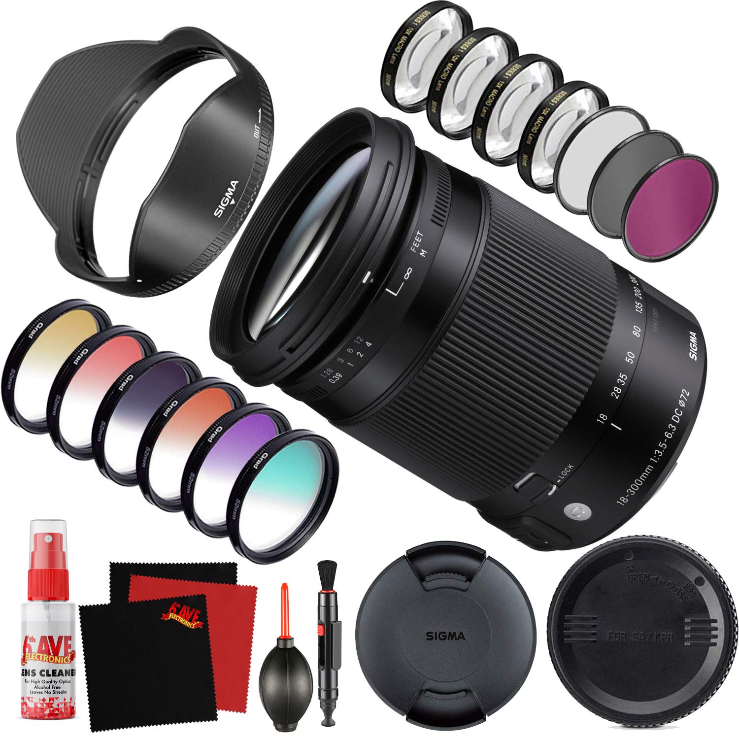 Sigma 18-300mm f/3.5-6.3 DC MACRO OS HSM Contemporary Lens for Nikon F 886306 With FLD Filter, CPL Filter, UV Filter - Color Graduated Filter Kit