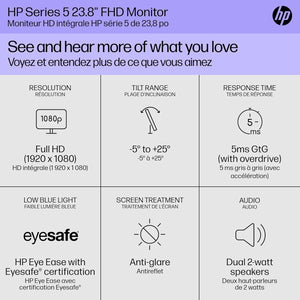 HP Series 5 24 inch FHD Monitor, Full HD Display 1920 x 1080 , IPS Panel, 99% sRGB, 1500:1 Contrast Ratio, 300 nits, Eye Ease with Eyesafe Certification, 524sa 2024