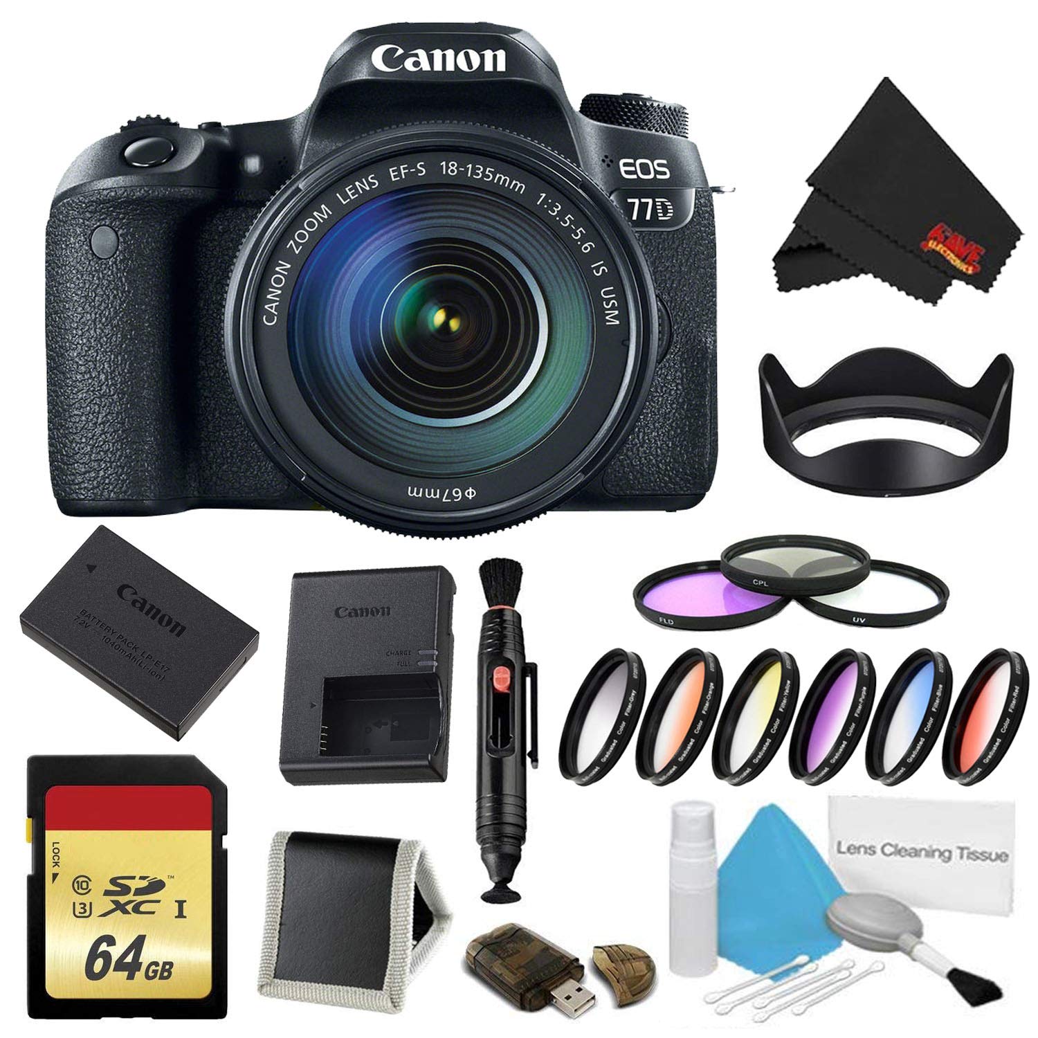Canon EOS 77D DSLR Camera with 18-135mm Lens Bundle w/ 9 Piece Filter & Memory Kit International Model