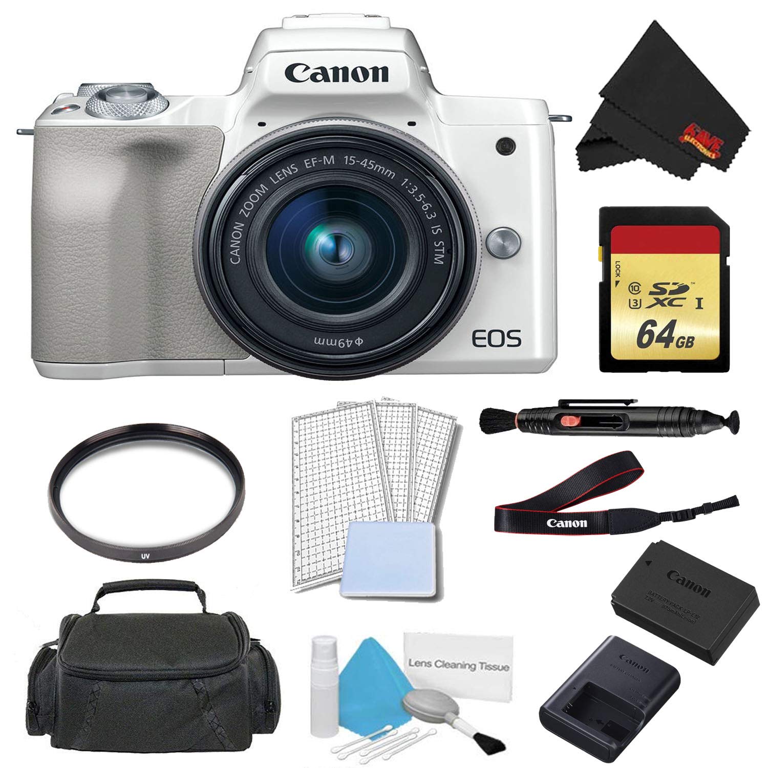 Canon EOS M50 Mirrorless Digital Camera with 15-45mm Lens White Advanced Bundle w/ 64GB Memory Card - International Mo