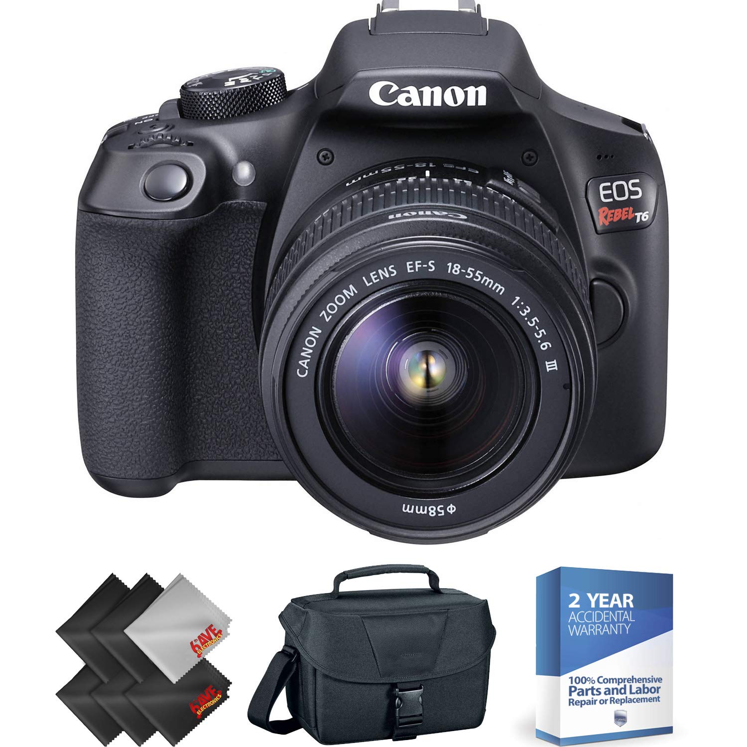 Canon EOS Rebel T6 DSLR Camera with 18-55mm and 75-300mm Lenses Kit + 2 Year Accidental Warranty Bundle
