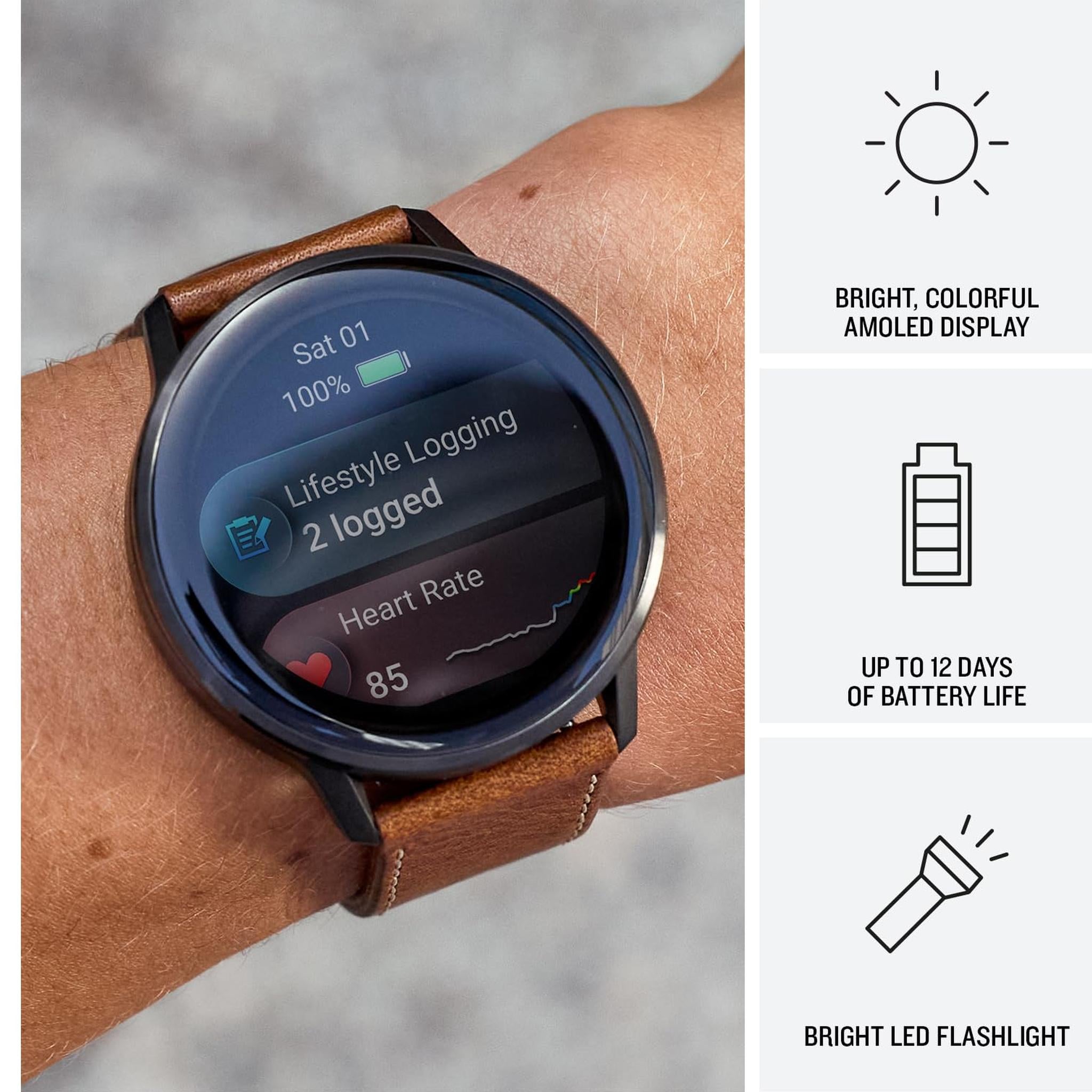 Garmin Venu® 4, 45mm, Advanced Health and Fitness GPS Smartwatch, Bright and Colorful Display, Built-in Flashlight, 12 Days of Battery Life, Slate with Black Silicone Band/Brown Leather Band
