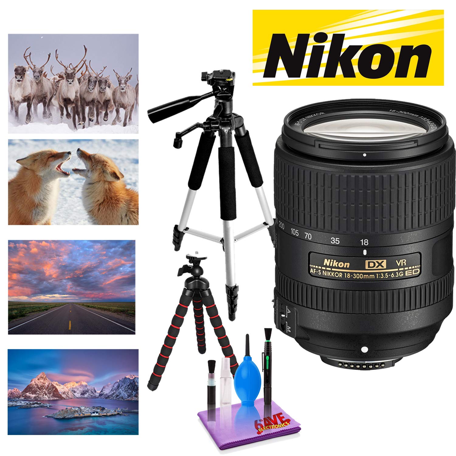 NIKON 18-300MM F/3.5-6.3G ED AF-S DX VR Lens with 12 in Flexible Tripod and 72 in Professional Heavy Aluminum Tripod Bundle