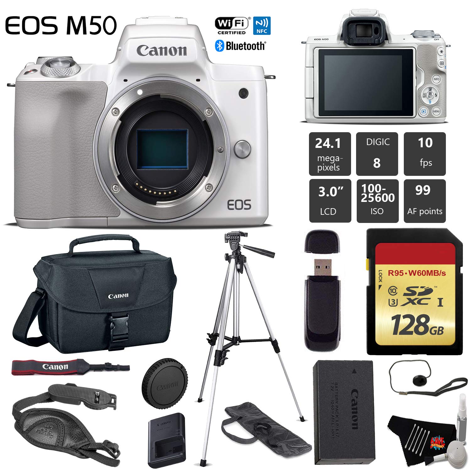 Canon EOS M50 Mirrorless Digital Camera White, Body Only + 128GB Class 10 Memory Card + Canon Camera Case + Full Size