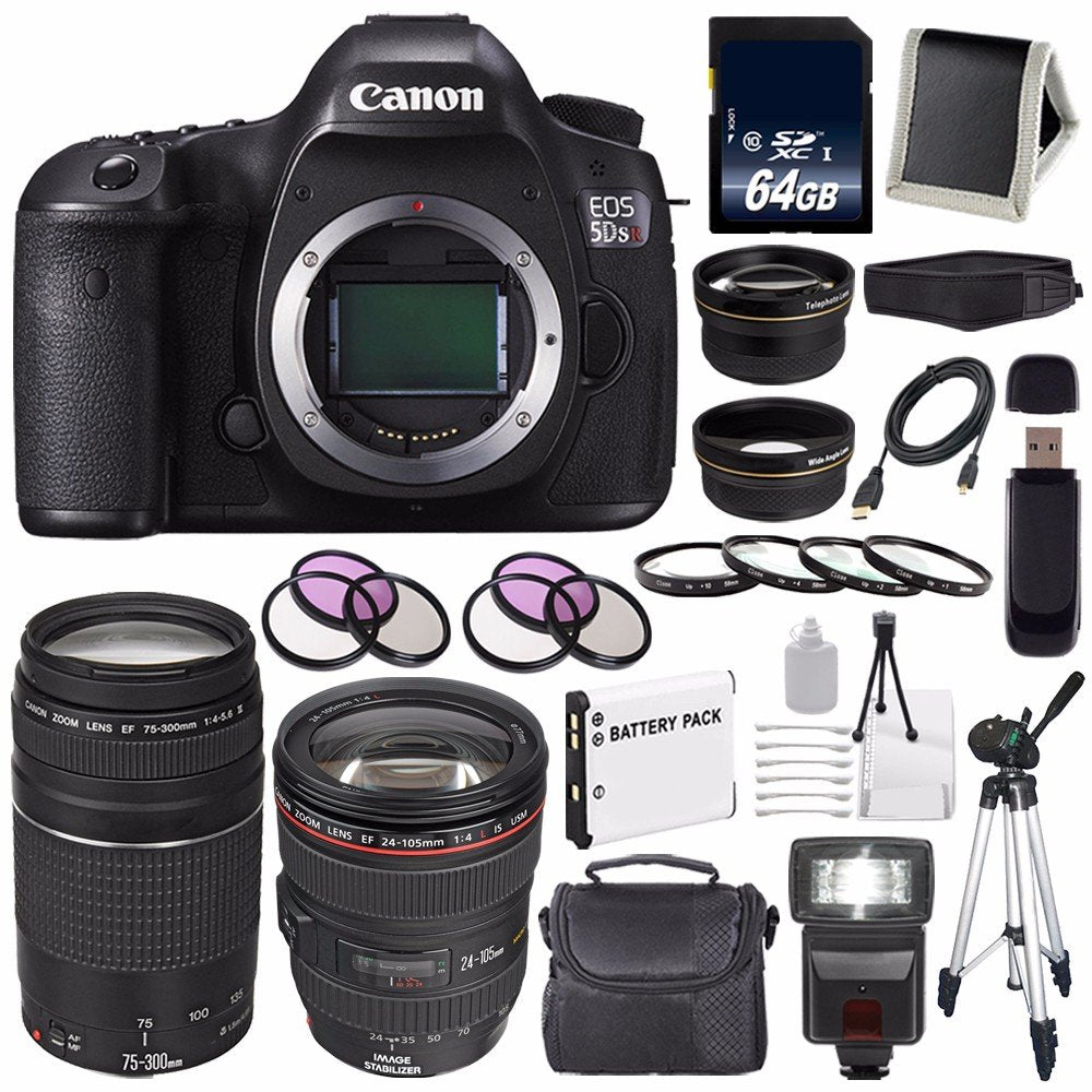 Canon EOS 5DS R DSLR Camera (International Model) 0582C002 + Canon EF 24-105mm f/4L is USM Lens + Canon EF 75-300 III Pro Bundle