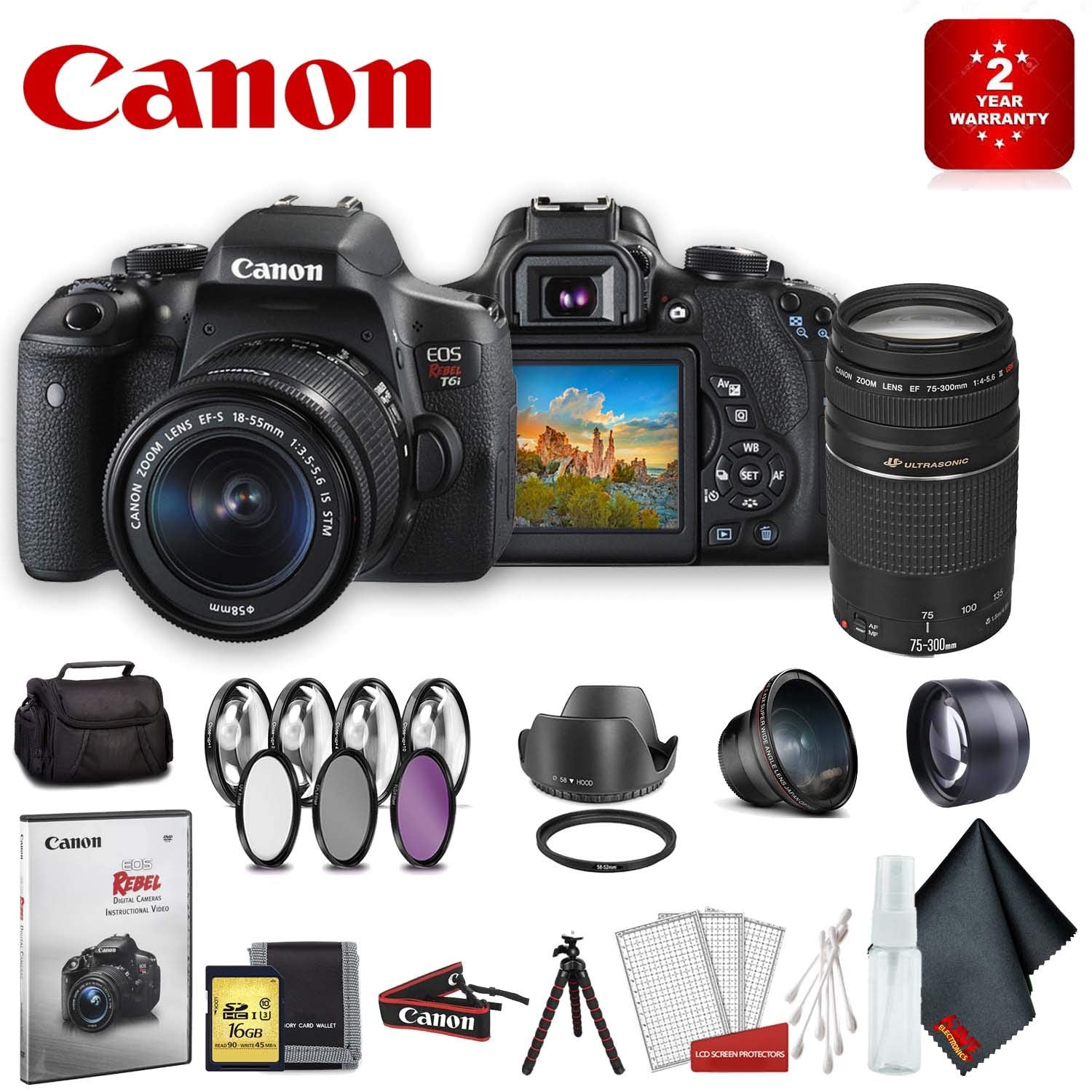 Canon EOS Rebel T6i DSLR Camera with 18-55mm Lens (International Model) Advanced Accessory Bundle w/ 75-300 Lens