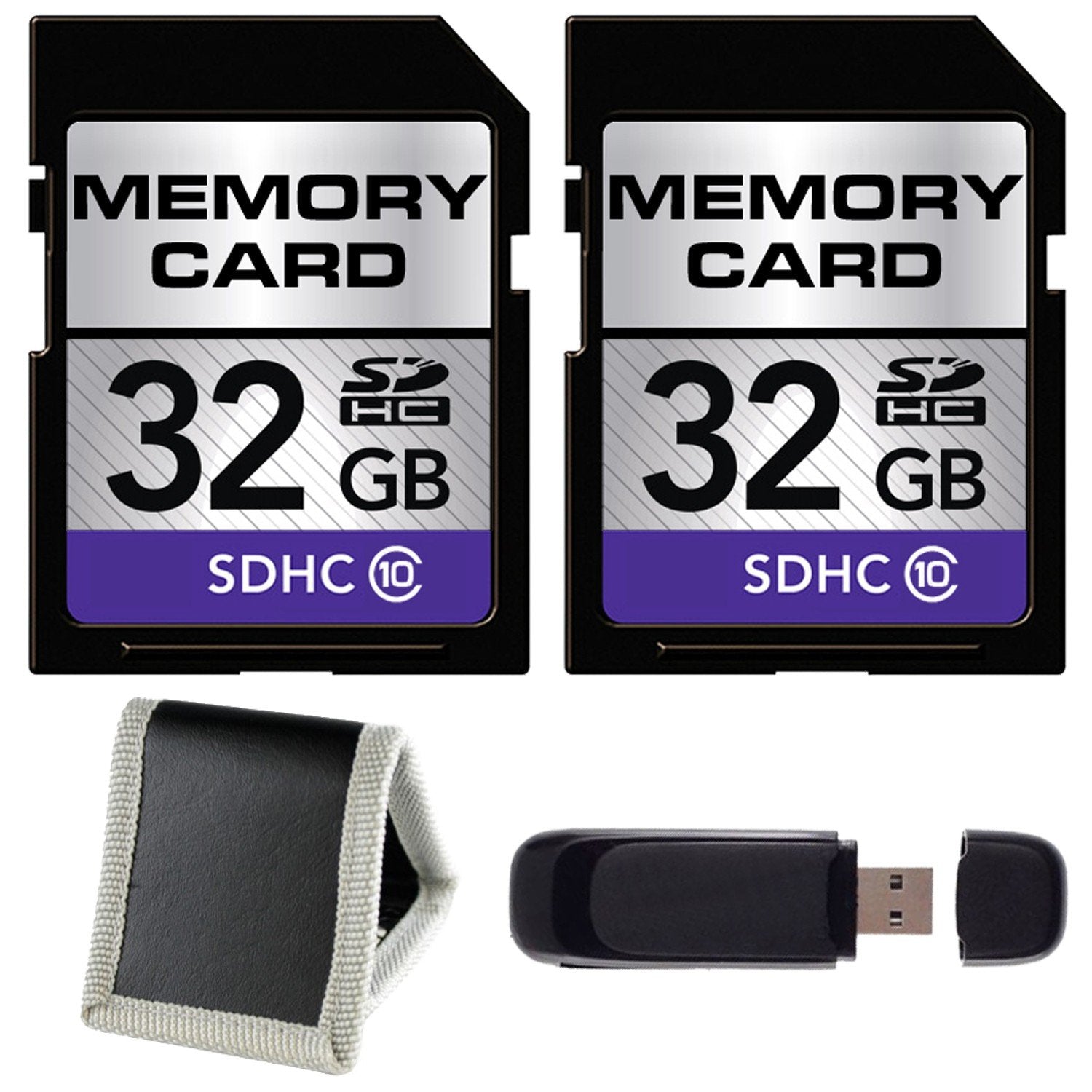 32GB SDHC Class 10 Memory Card 2-Pack + SD Card USB Reader + Memory Card Wallet Bundle