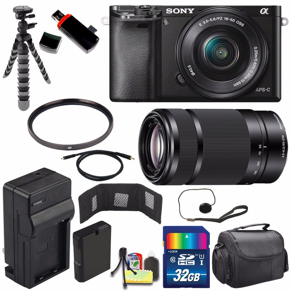 Sony Alpha a6000 Mirrorless Digital Camera with 16-50mm Lens (Black) + Sony E 55-210mm f/4.5-6.3 OSS E-Mount Lens 32GB Advanced Bundle