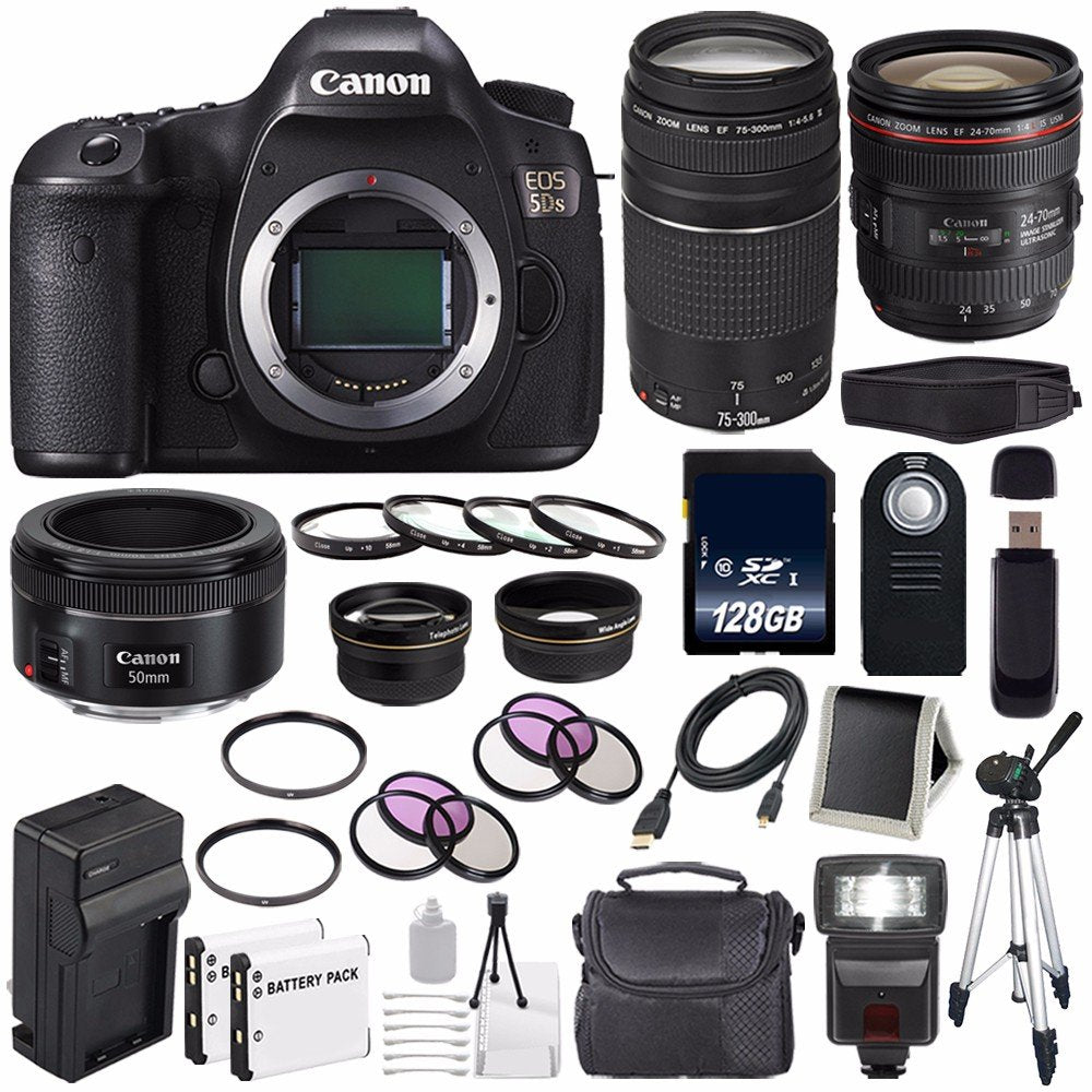 Canon EOS 5DS DSLR Camera (International Model) 0581C002 + Canon EF 24-70mm f/4L is USM Lens + Canon EF 75-300 III Advanced Bundle