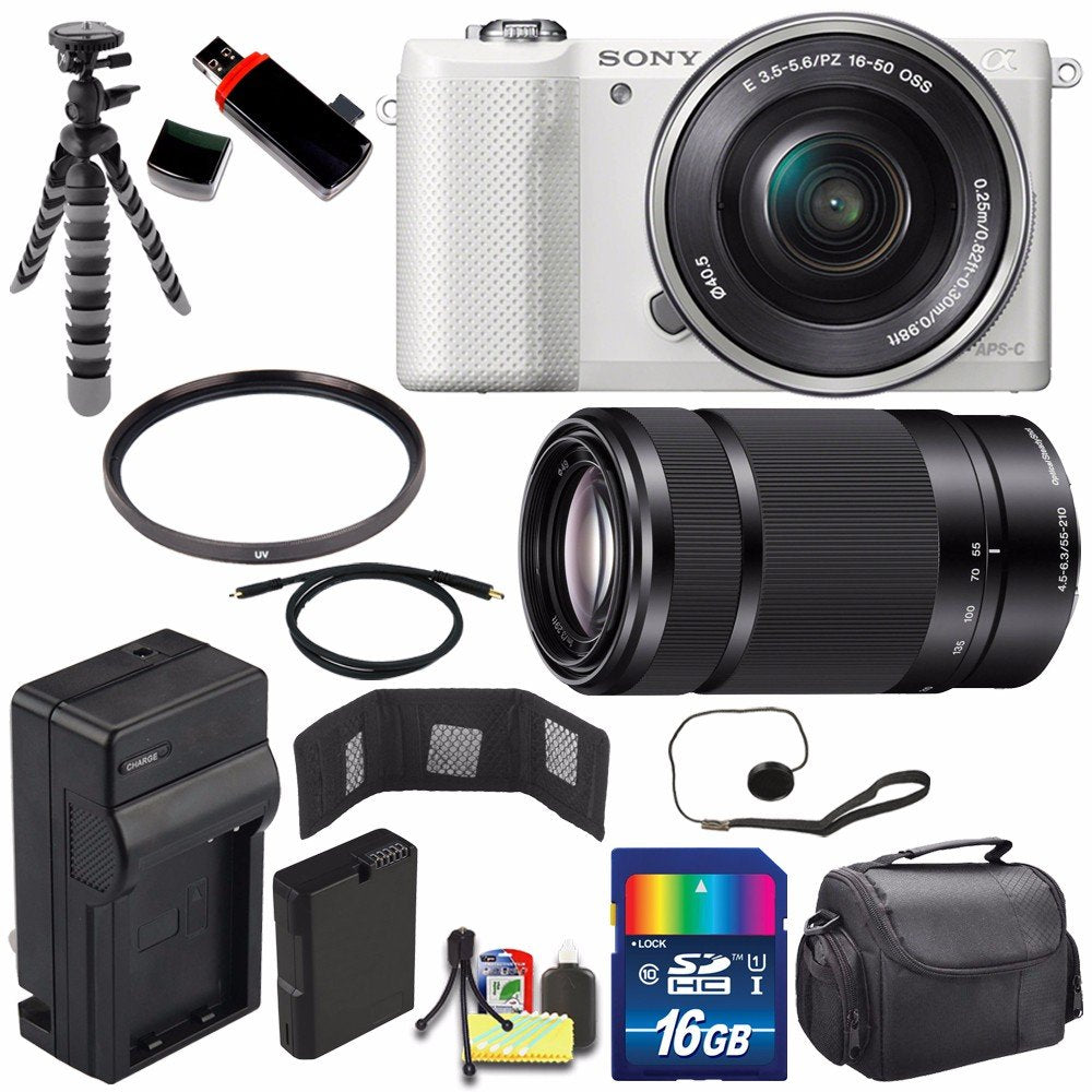 Sony Alpha a5000 Mirrorless Digital Camera with 16-50mm Lens (White) + Sony E 55-210mm f/4.5-6.3 OSS E-Mount Lens 16GB B