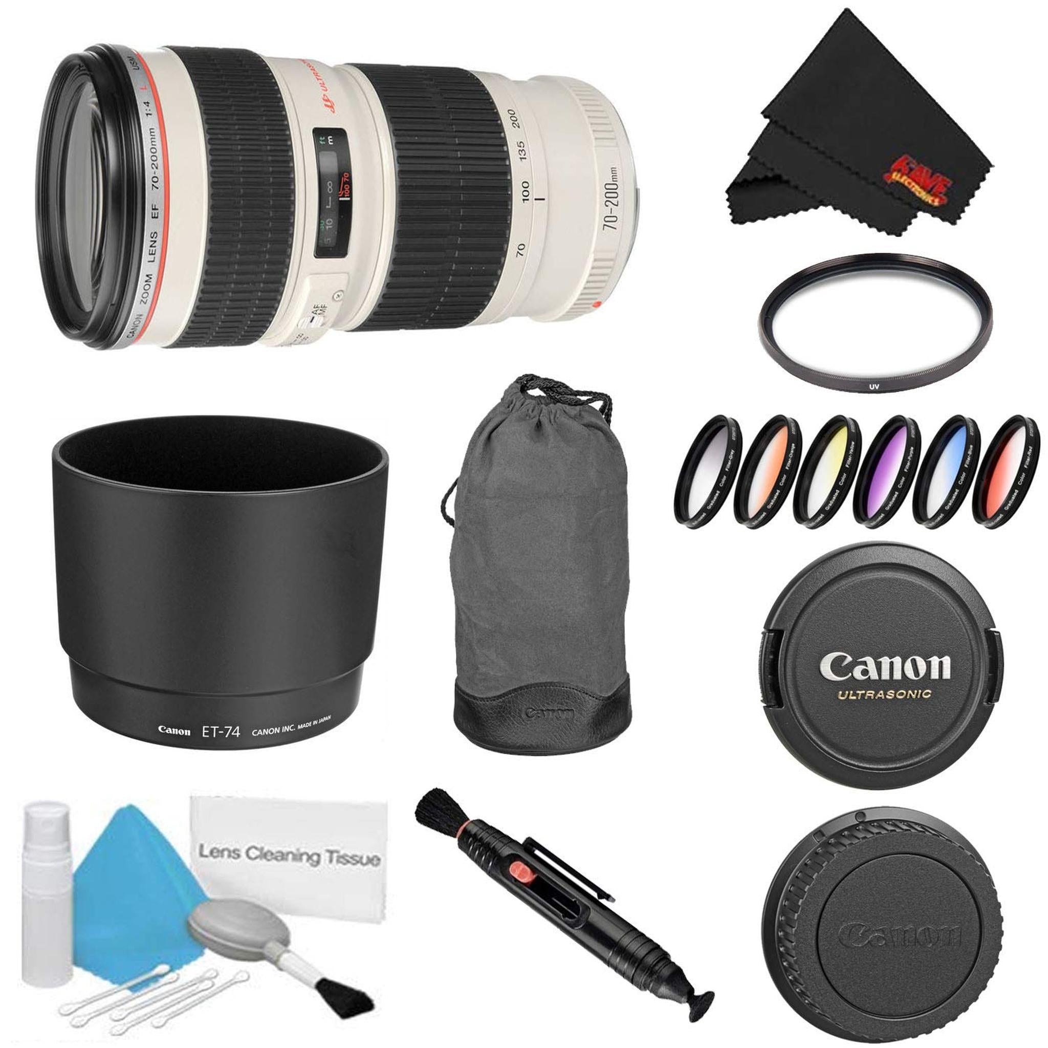 Canon EF 70-200mm f/4L USM Lens Bundle w/UV Filter Color Multicoated 6 Piece Filter Kit International Model