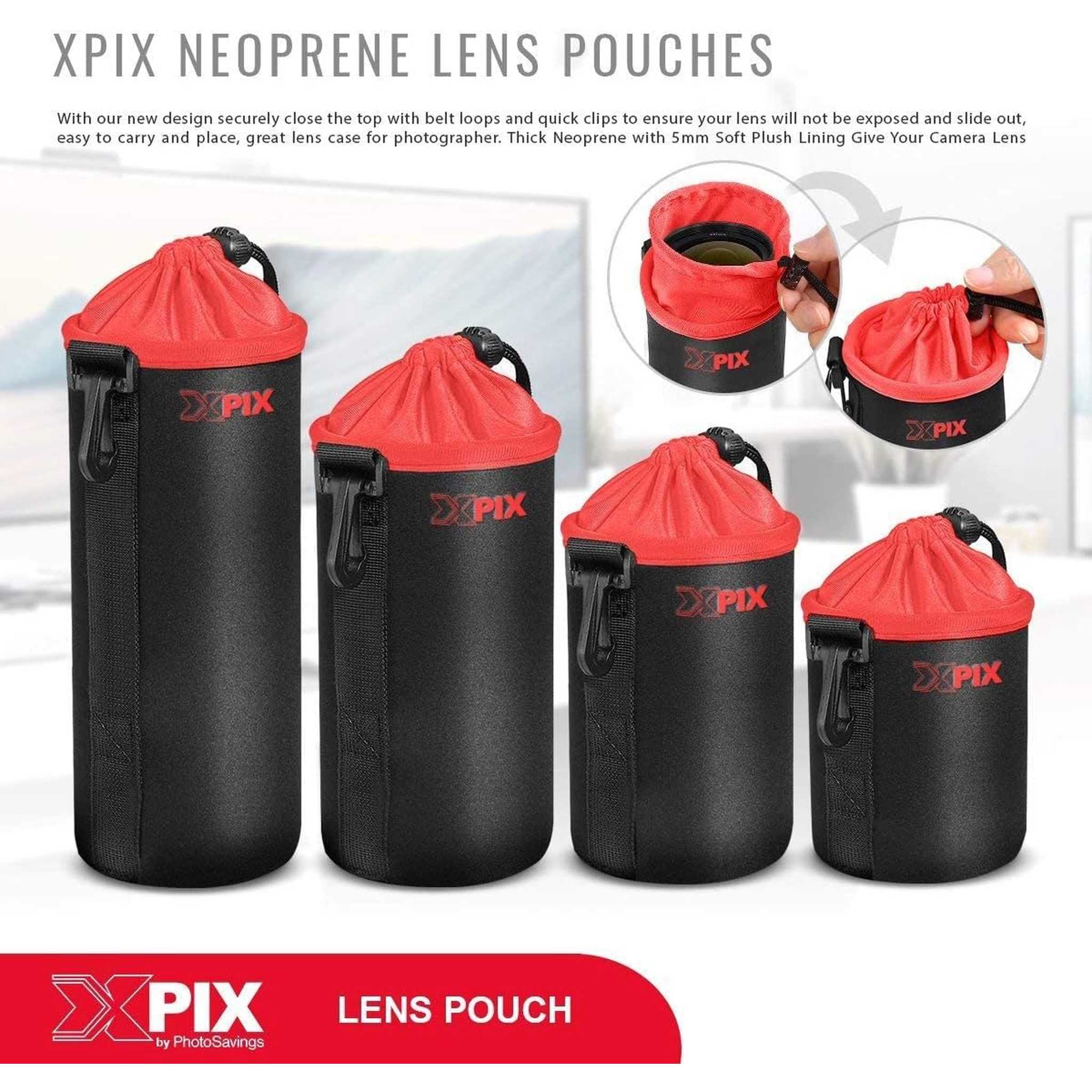 XPIX Small Neoprene Pouch Bag for DSLR Camera Lenses Canon, Nikon, Sony, Olympus,Fujfilm,Panasonic, and More