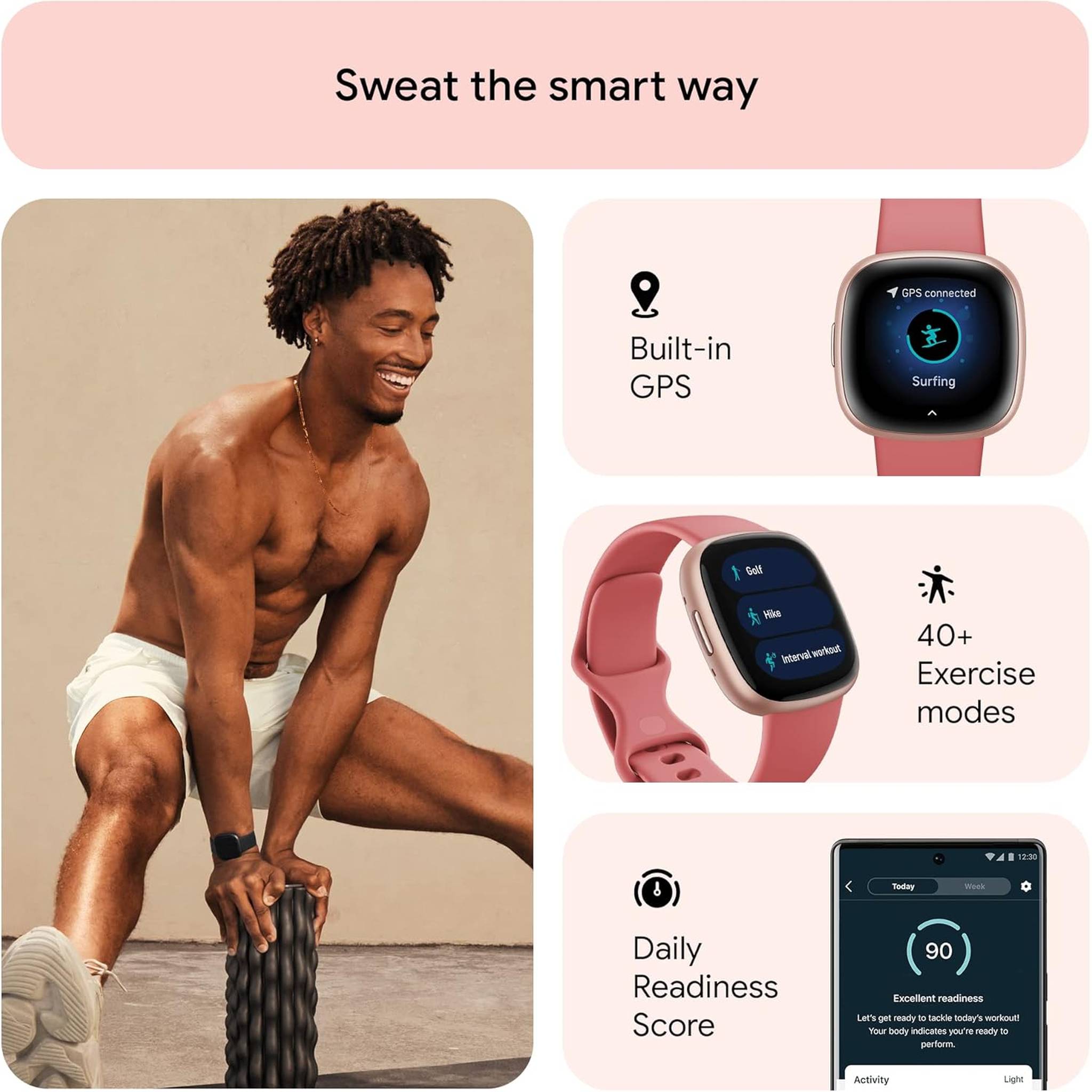 Fitbit Versa 4 Fitness Smartwatch with Daily Readiness, GPS, 24/7 Heart Rate, 40+ Exercise Modes, Sleep Tracking and more, Pink Sand/Copper Rose, One Size S & L Bands Included - Reconditioned Fitbit