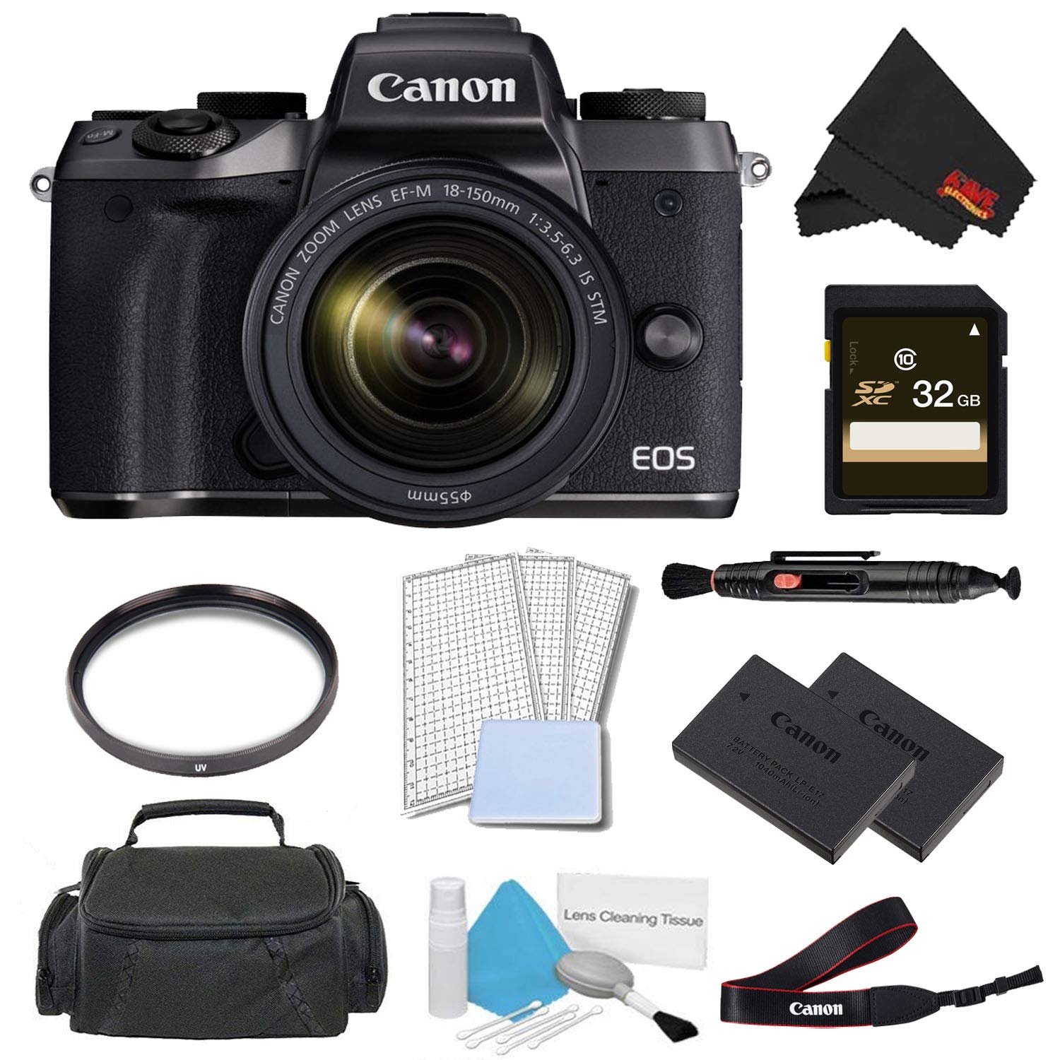Canon EOS M5 Mirrorless Digital Camera with 18-150mm Lens Pro Bundle w/ 32GB Memory Card - International Model