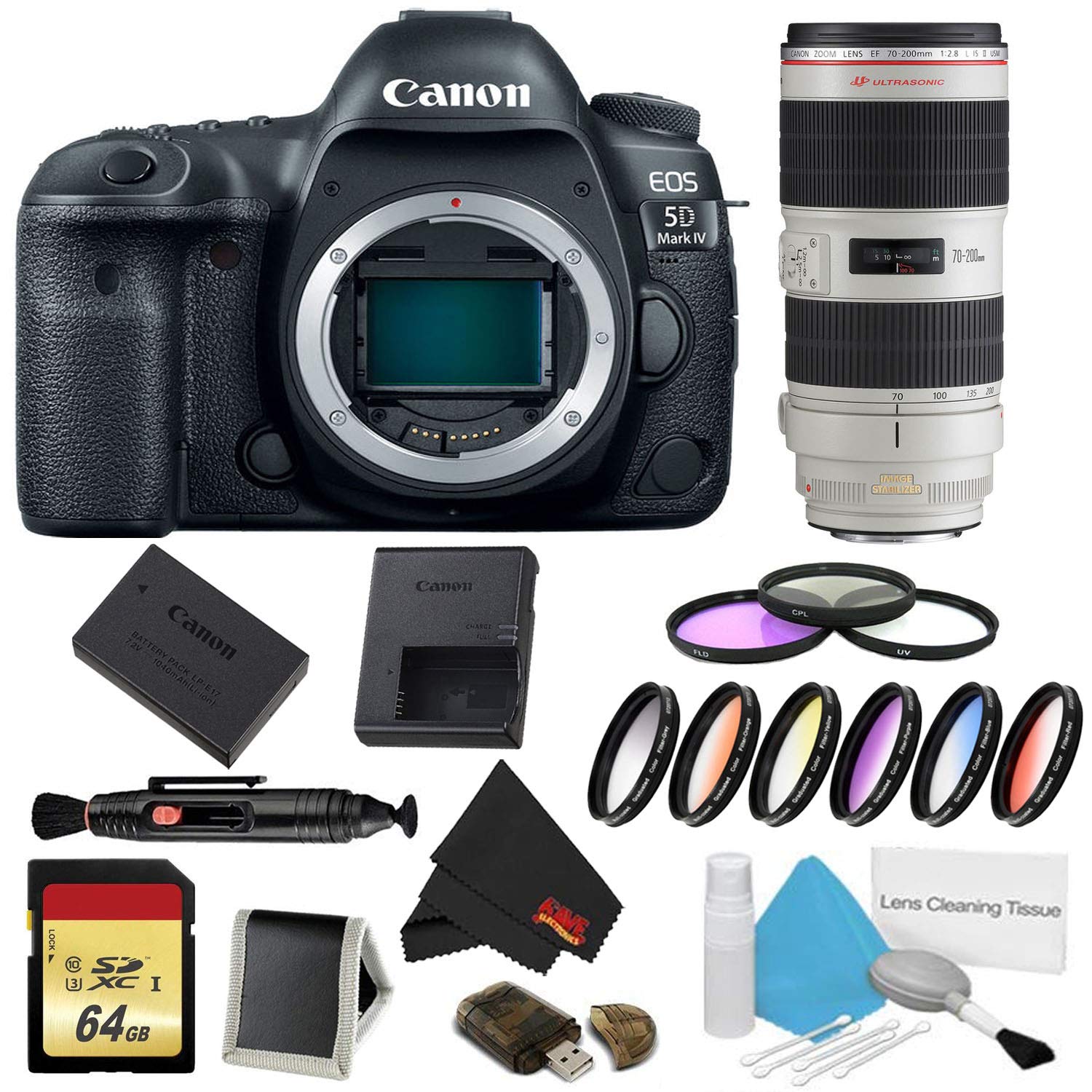 Canon EOS 5D Mark IV DSLR Camera (Body Only) 9 Piece Filter & Memory Kit w/ 70-200mm 2.8L USM is II Lens - International