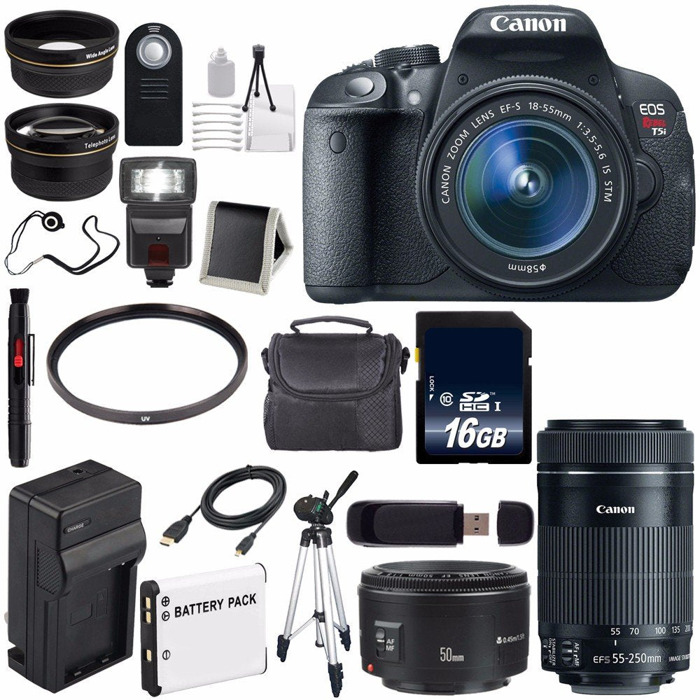 Canon EOS Rebel T5i 18 MP CMOS Digital SLR Camera w/EF-S 18-55mm f/3.5-5.6 Lens (International Model) + Canon EF 50mm f/