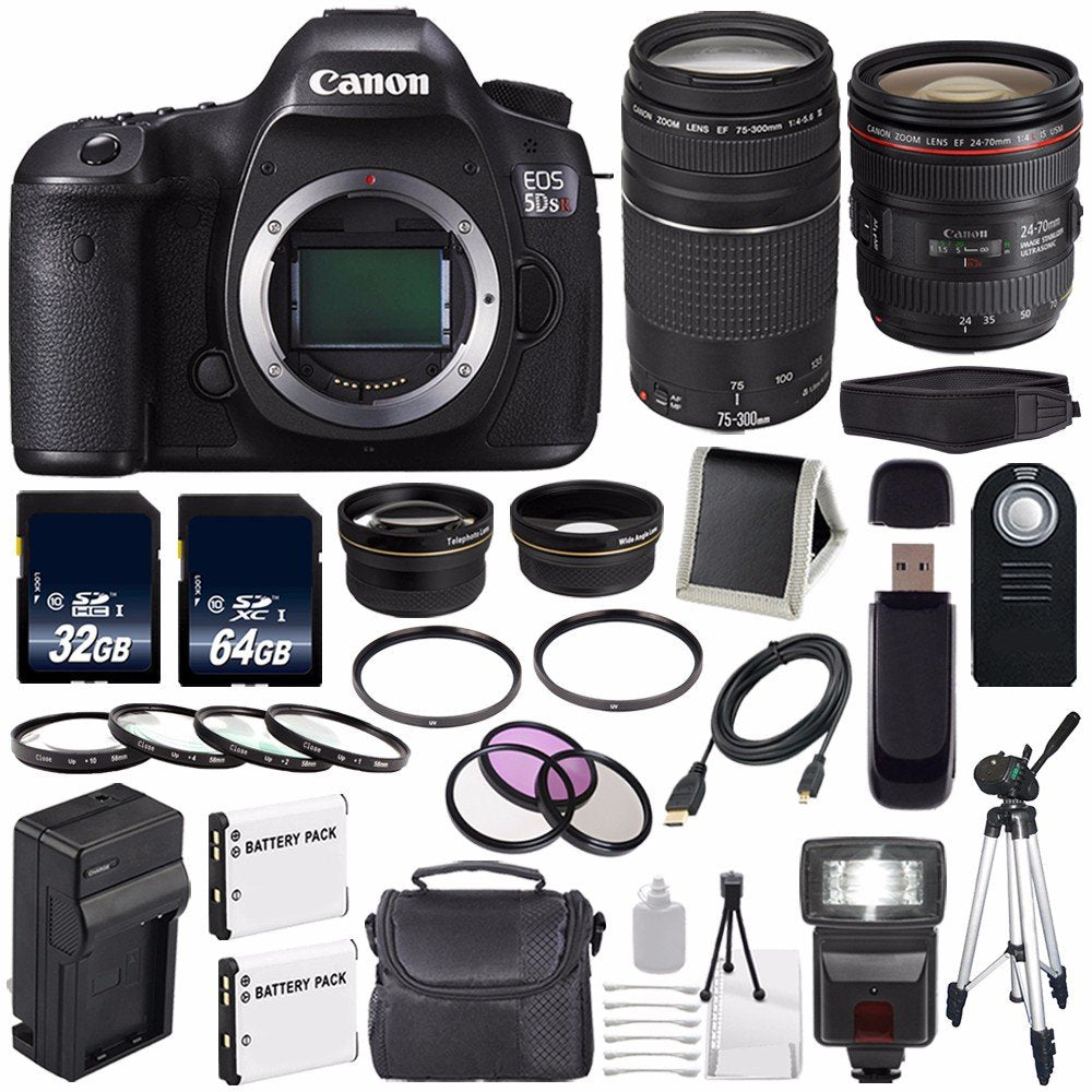 Canon EOS 5DS R DSLR Camera (International Model) 0582C002 + Canon EF 24-70mm f/4L is USM Lens + Canon EF 75-300 III Deluxe Bundle