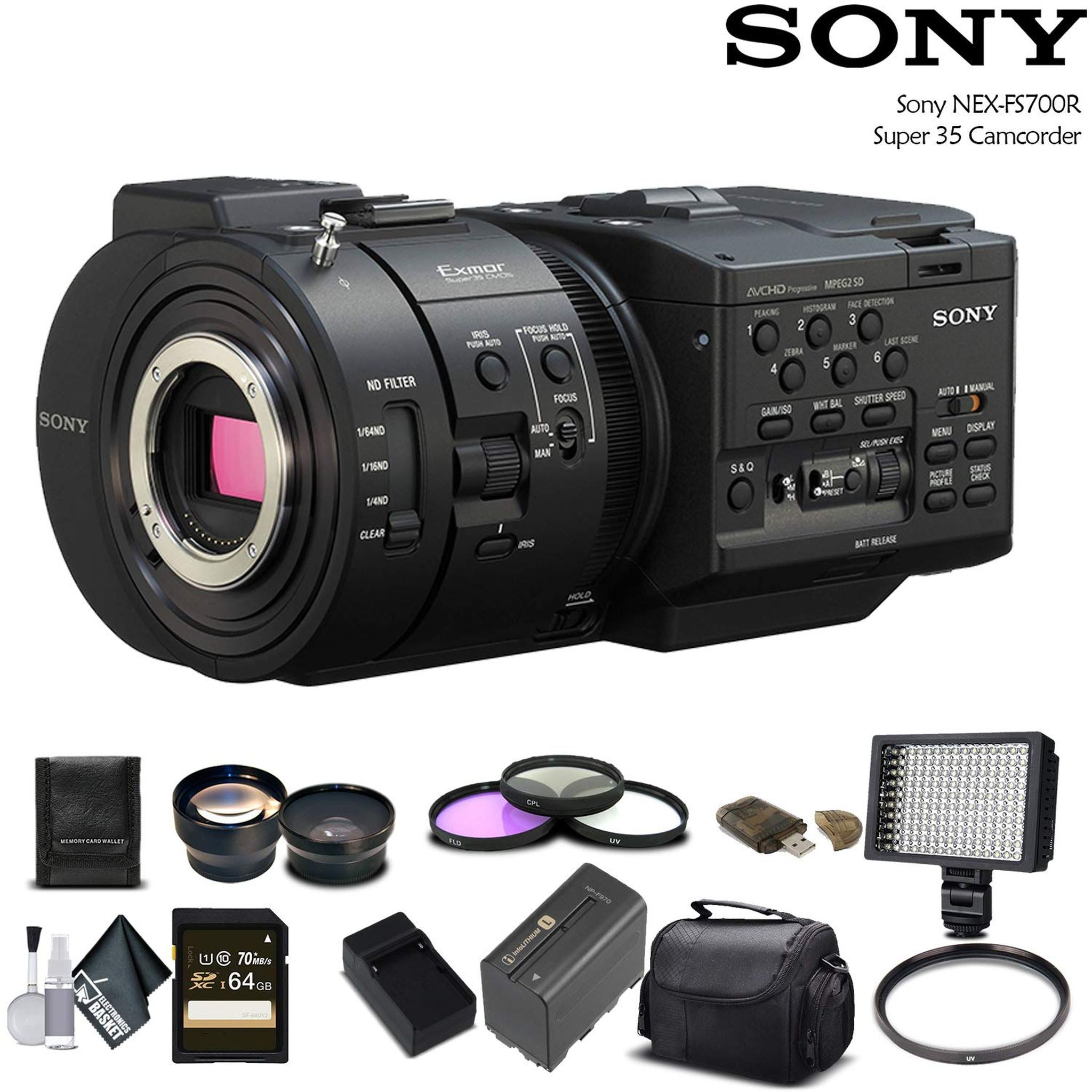 Sony NEX-FS700R Super 35 Camcorder Intl Model With 64GB Memory Card, Extra Battery and Charger, UV Filter, LED Light, Case, Telephoto Lens Bundle