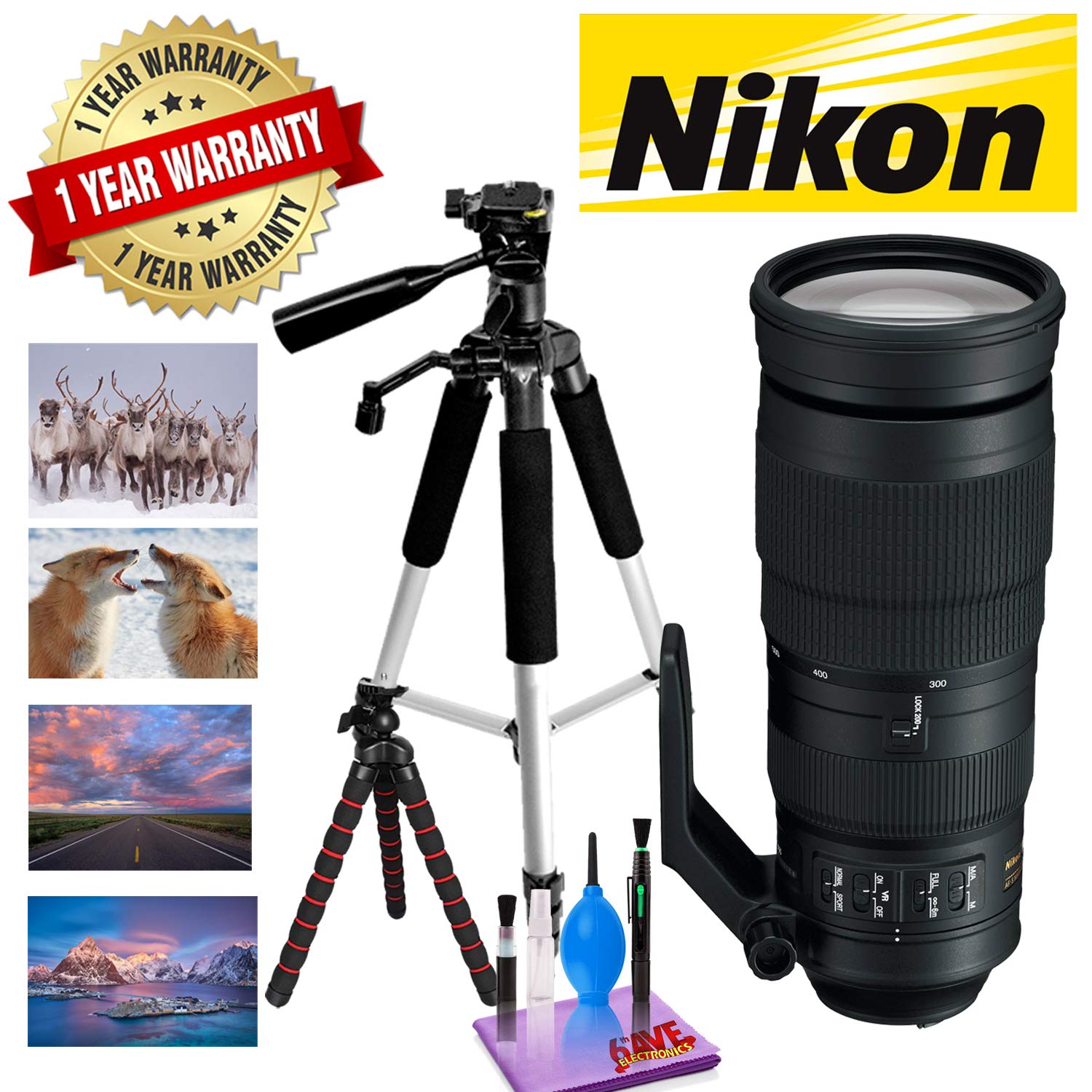 Nikon AF-S NIKKOR 200-500mm f/5.6E ED VR Lens with 1 Year Warranty, 12 in Flexible Tripod and 72 in Professional Heavy A