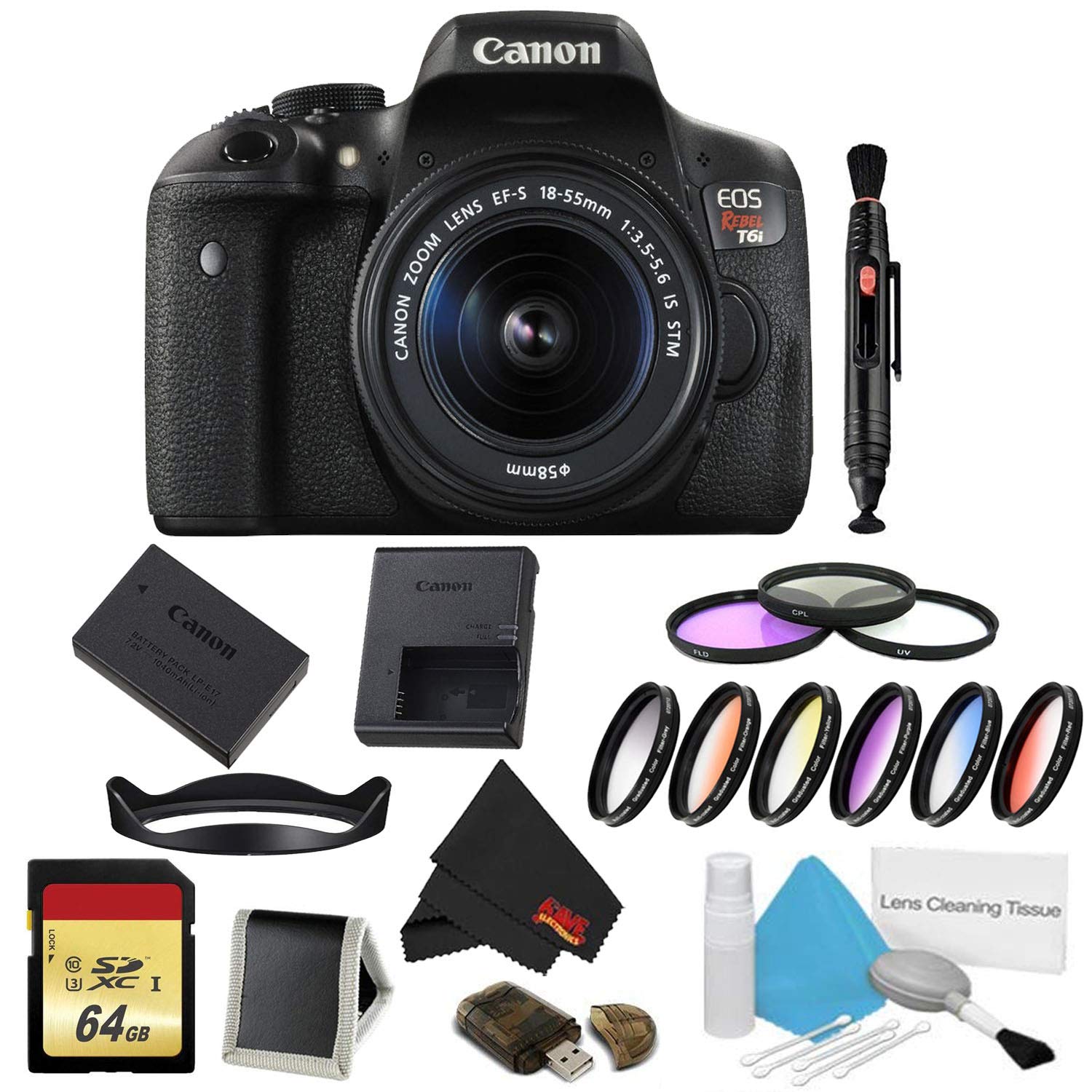 Canon EOS Rebel T6i DSLR Camera with 18-55mm Lens 9 Piece Filter & Memory Kit - International Model