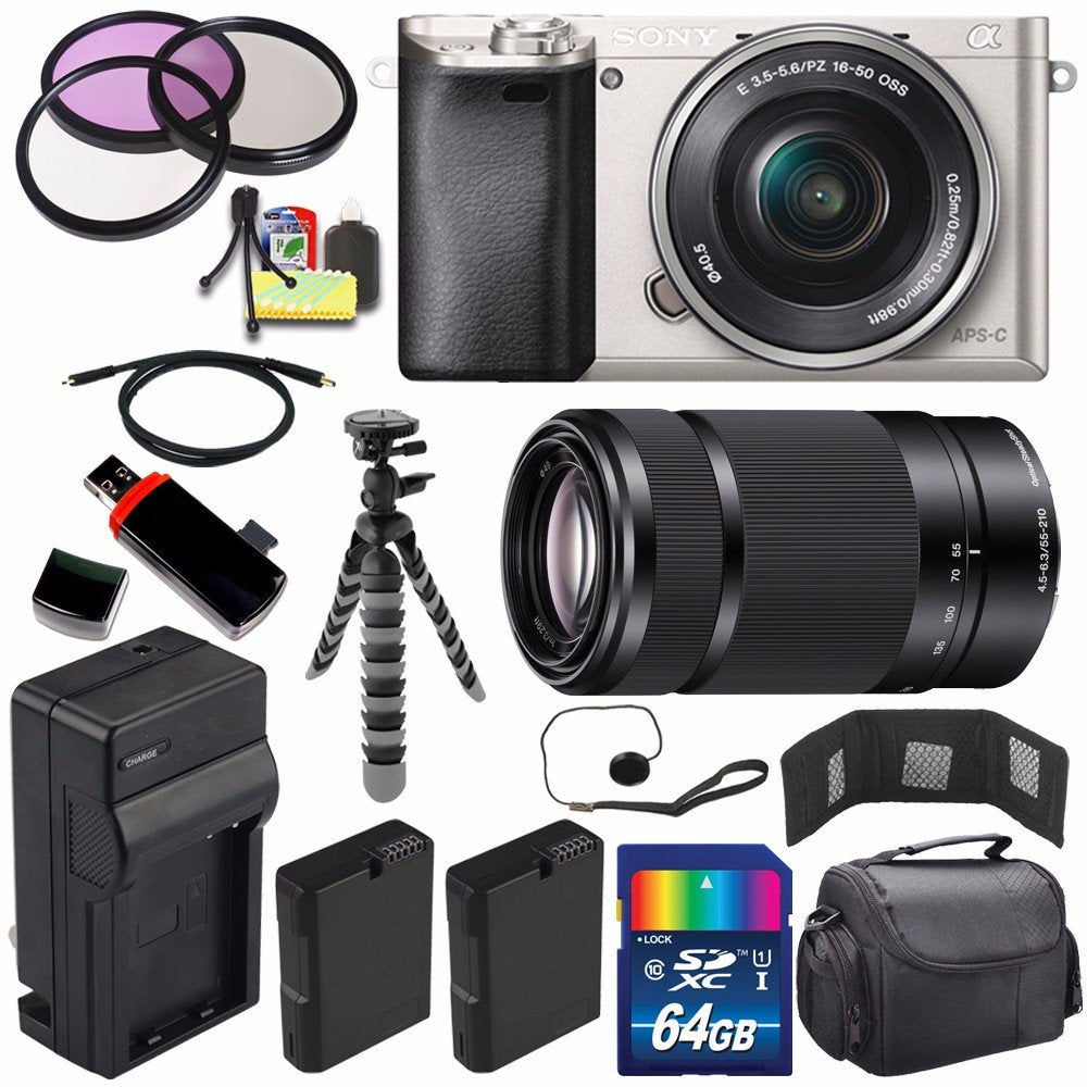 Sony Alpha a6000 Mirrorless Digital Camera with 16-50mm Lens (Silver) + Sony E 55-210mm f/4.5-6.3 OSS E-Mount Lens 64GB Bundle