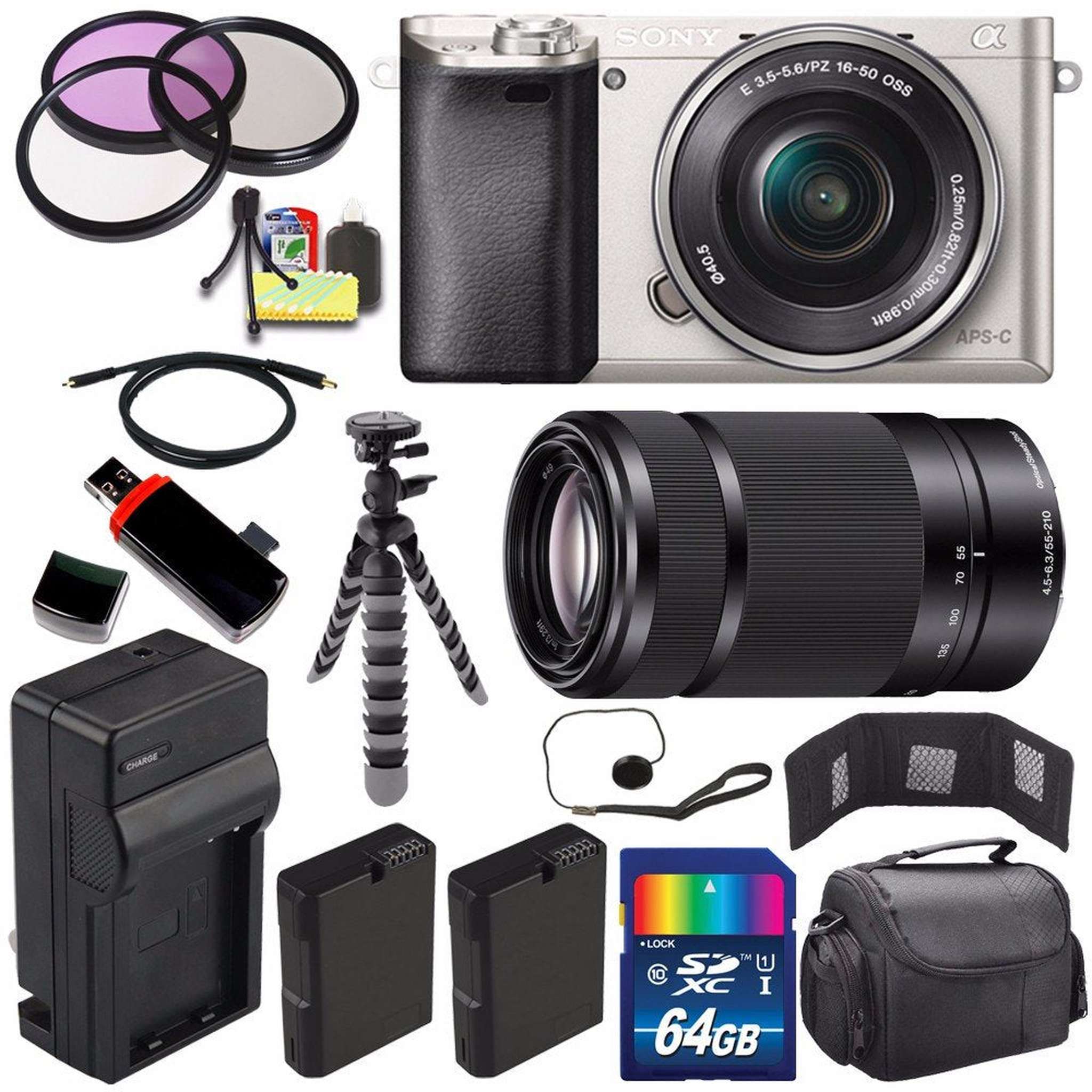 Sony Alpha a6000 Mirrorless Digital Camera with 16-50mm Lens Silver + Sony E 55-210mm f/4.5-6.3 OSS E-Mount Lens 64GB - Used Sony