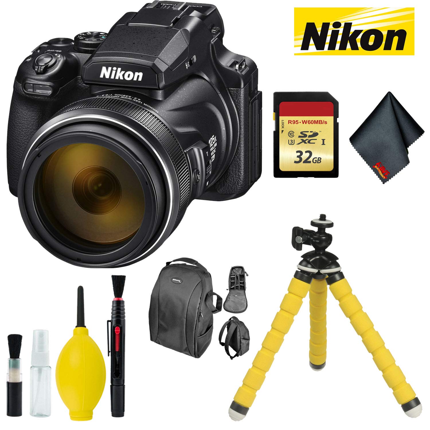 Nikon COOLPIX P1000 Digital Camera with 32GB Memory Card, Pro Sling Backpack, Flexible Tripod, and Cleaning Kit
