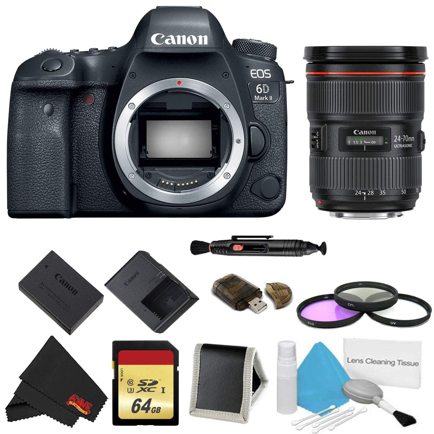 Canon EOS 6D Mark II DSLR Camera (Body Only) 3 Piece Filter w/Memory Bundle + Bonus Canon EF 24-70mm f/2.8L II USM Lens