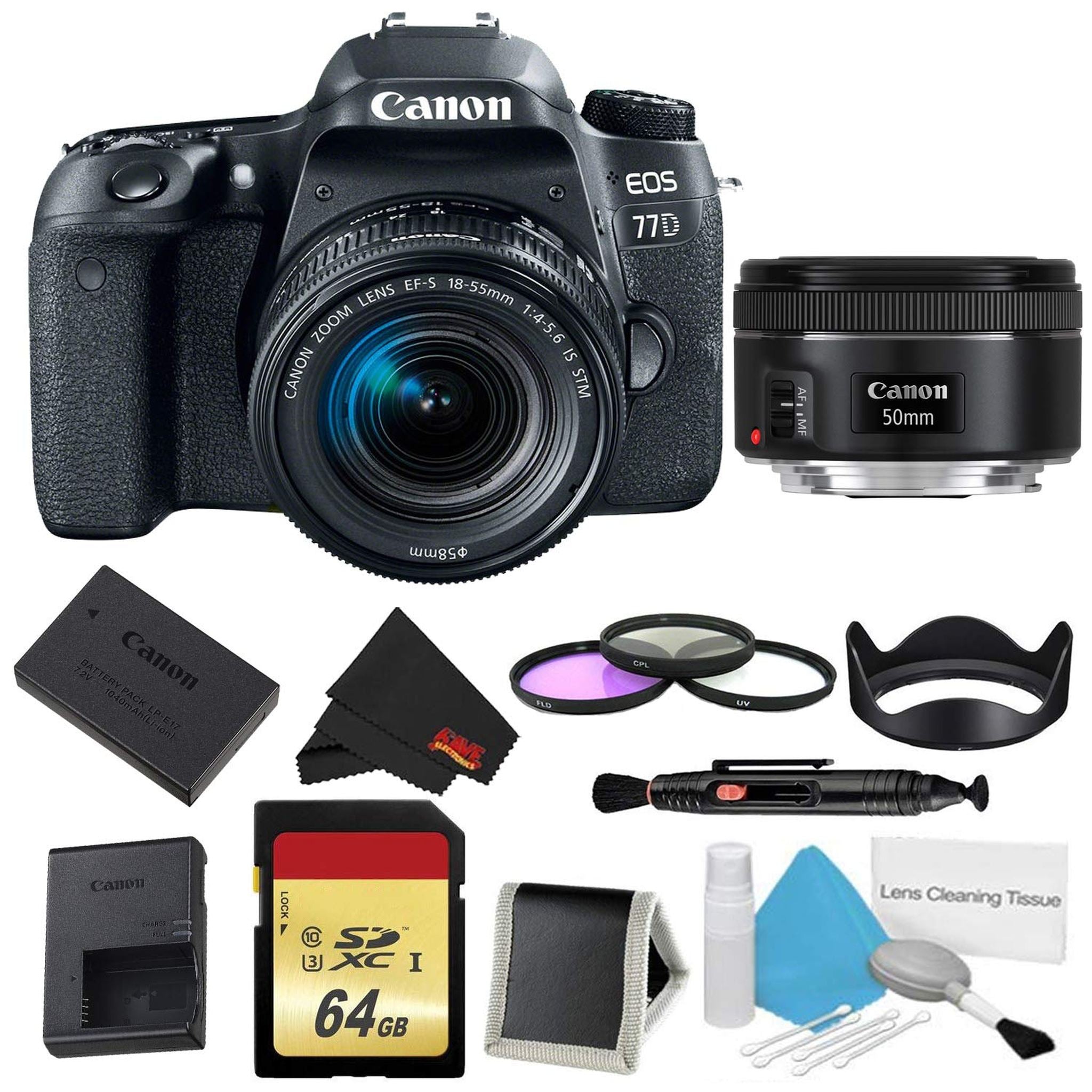 Canon EOS 77D DSLR Camera with 18-55mm Lens Bundle w/ 3 Piece Filter & Memory Kit + 50mm Lens International Model Canon