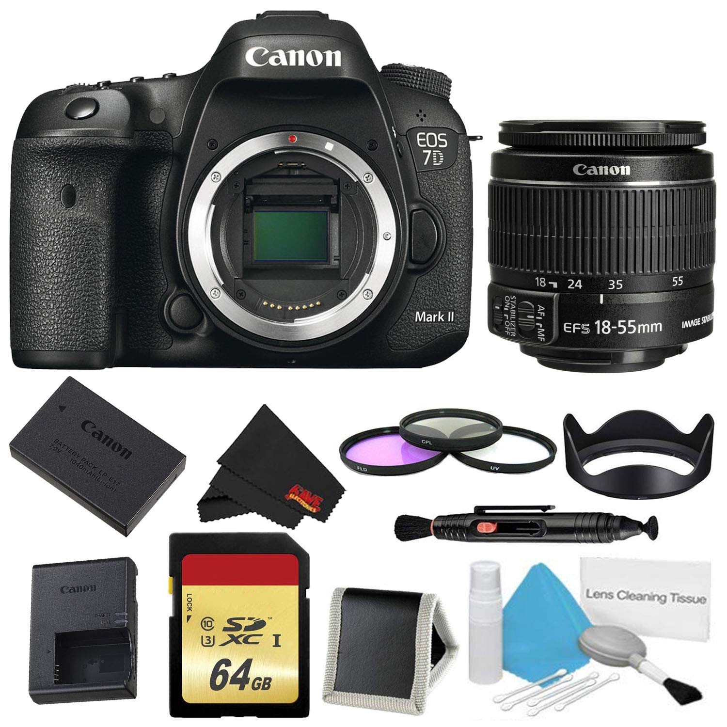 Canon EOS 7D Mark II DSLR Camera Body Only 3 Piece Filter Bundle w/Memory & 18-55mm Lens (International Model)