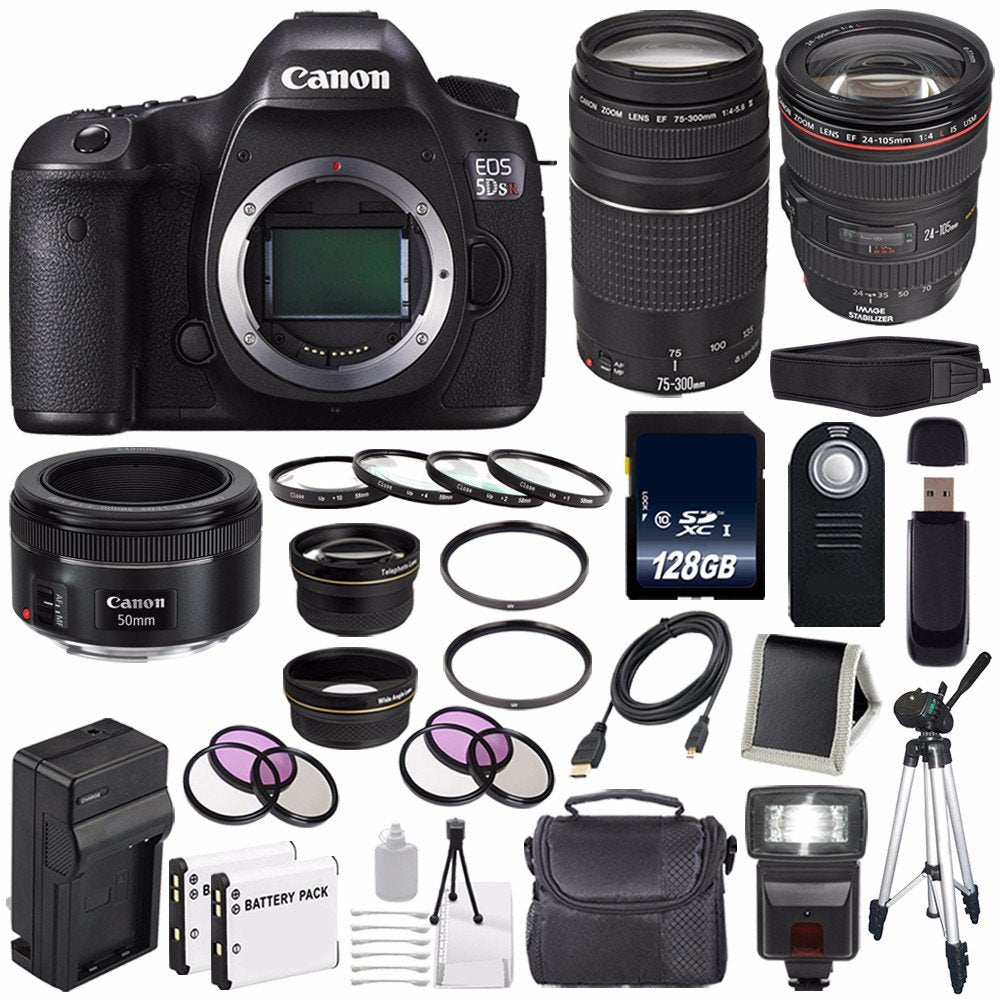 Canon EOS 5DS R DSLR Camera (International Model) 0582C002 + Canon EF 24-105mm f/4L is USM Lens + Canon EF 75-300 III Deluxe Bundle