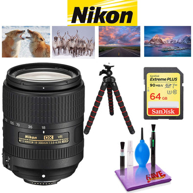 Nikon AF-S DX VR Nikkor 18-300MM Lens with Memory Card and 64 GB Memory Card