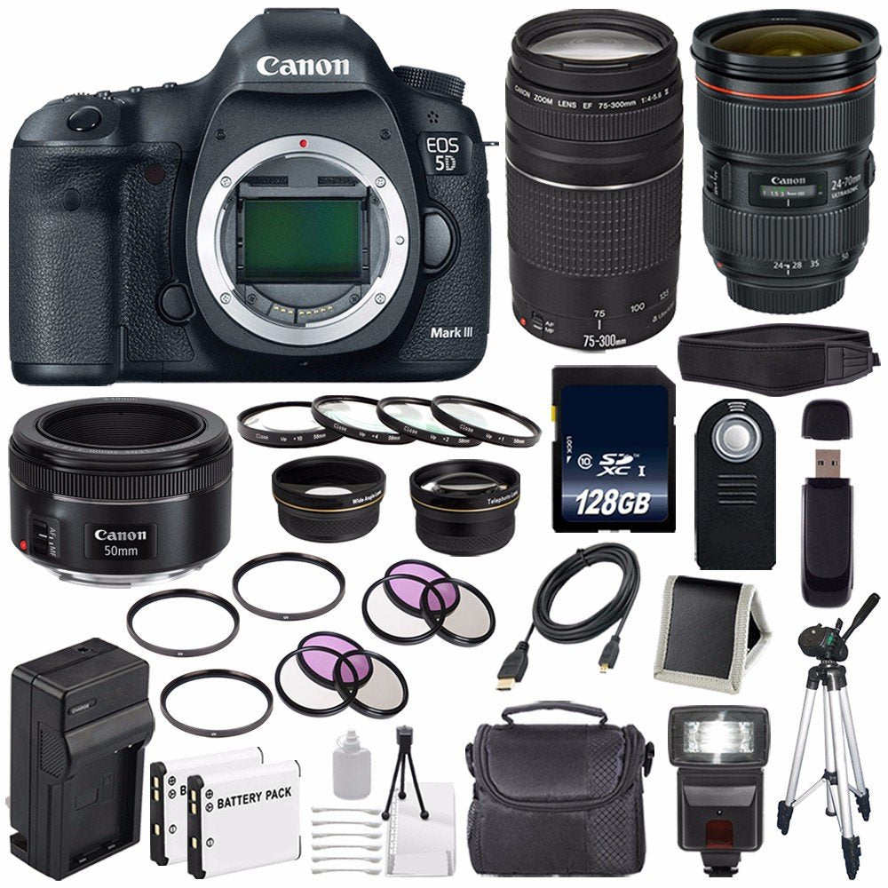 Canon EOD 5D III Digital Camera International Model + Canon EF 24-70mm f/2.8L II USM Lens + Canon EF 75-300 III+ EF 50mm Supreme Bundle