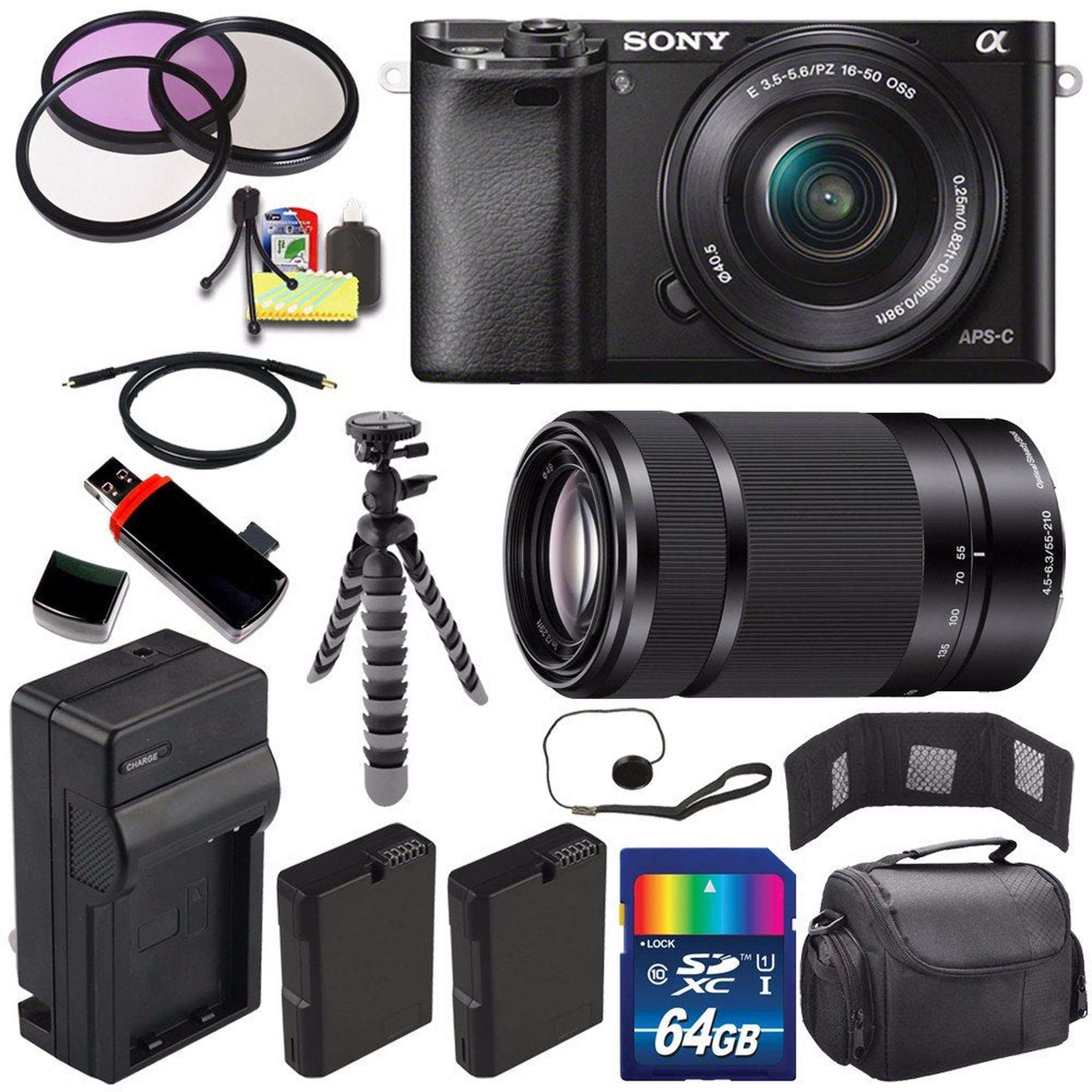 Sony Alpha a6000 Mirrorless Digital Camera with 16-50mm Lens Black + Sony E 55-210mm f/4.5-6.3 OSS E-Mount Lens 64GB B - Used Sony
