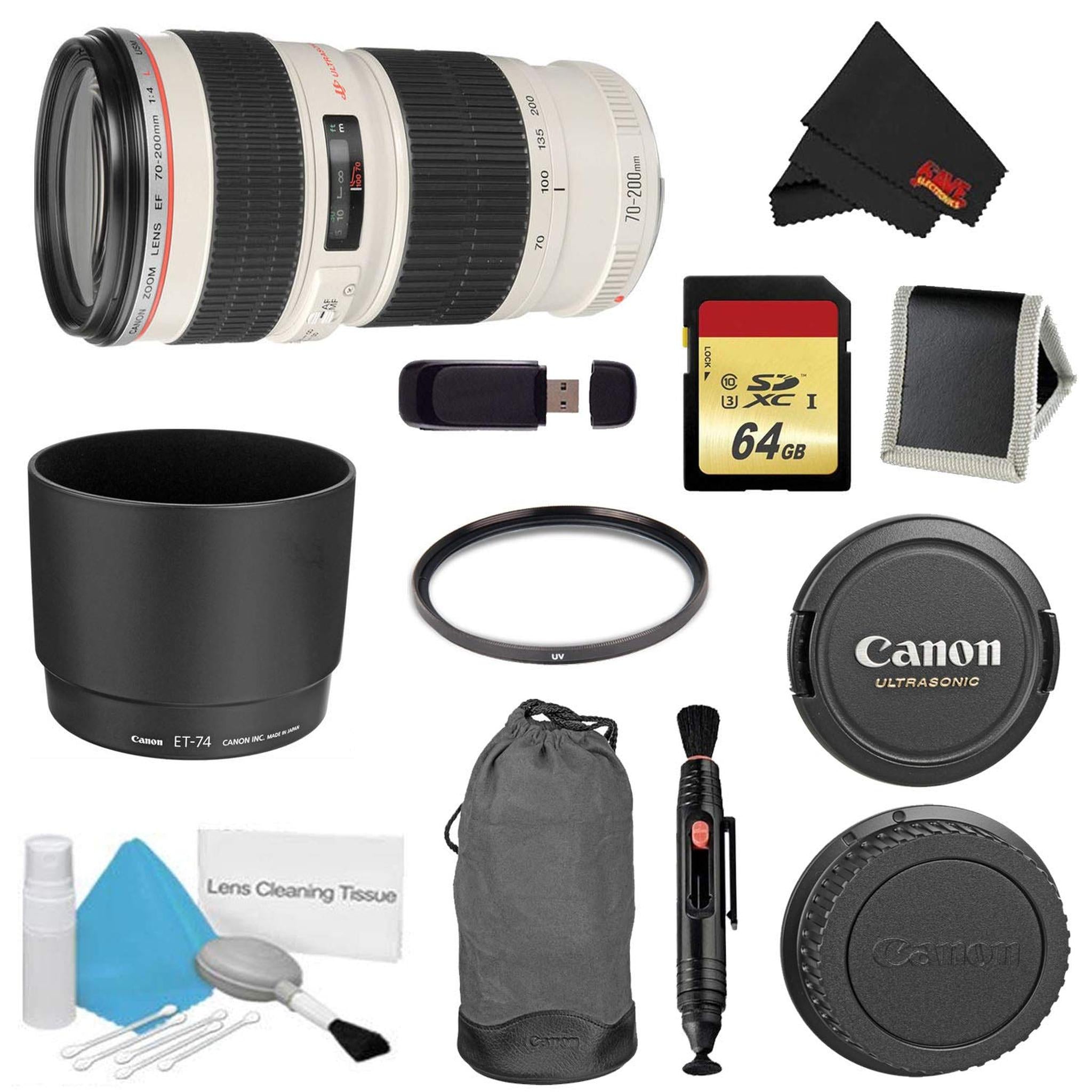Canon EF 70-200mm f/4L USM Lens Bundle w/ 64GB Memory Card + Accessories UV Filter International Model Canon