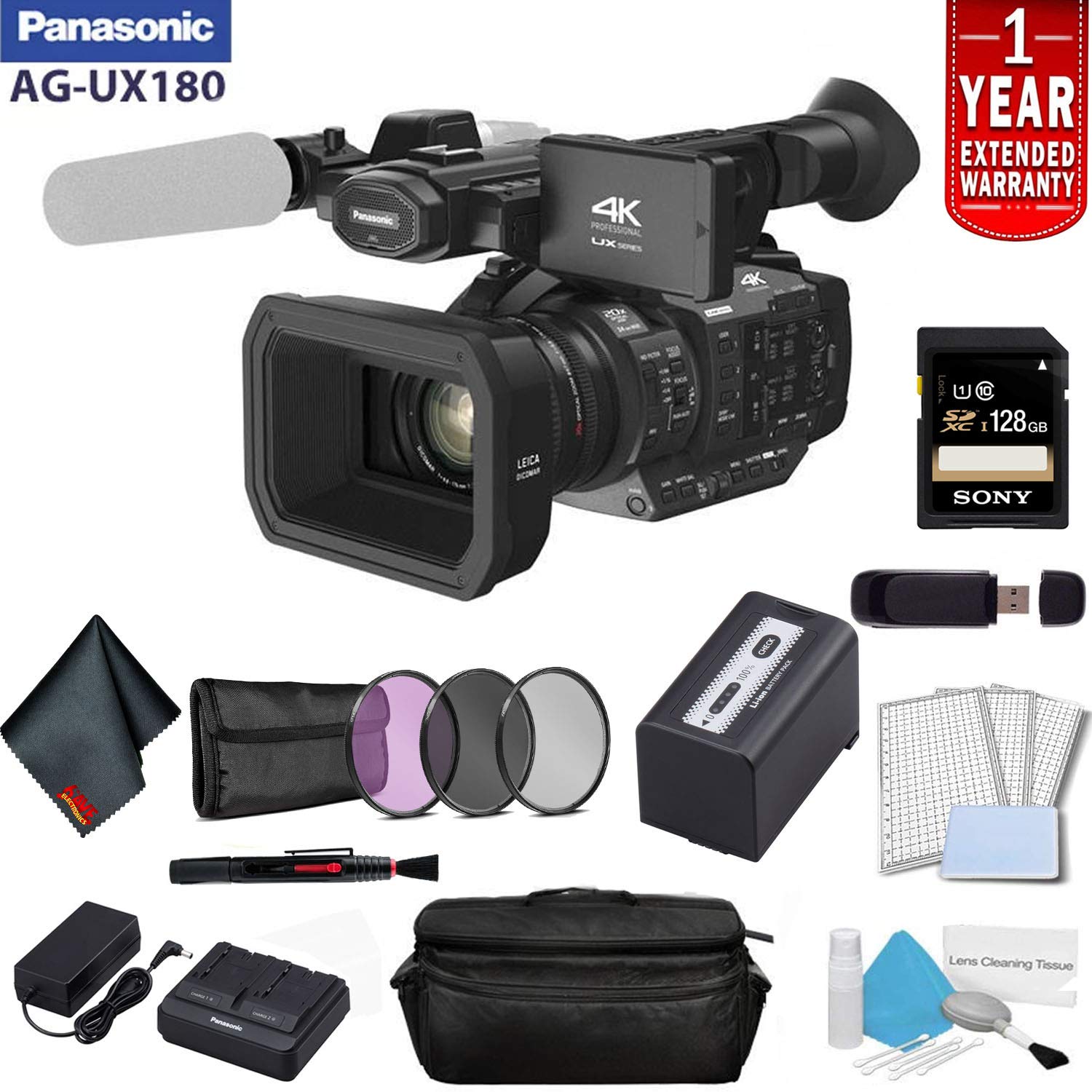Panasonic AG-UX180 4K Premium Professional Camcorder Bundle with 1 Year Extended Warranty, Sony 128GB SDXC Memory Card +