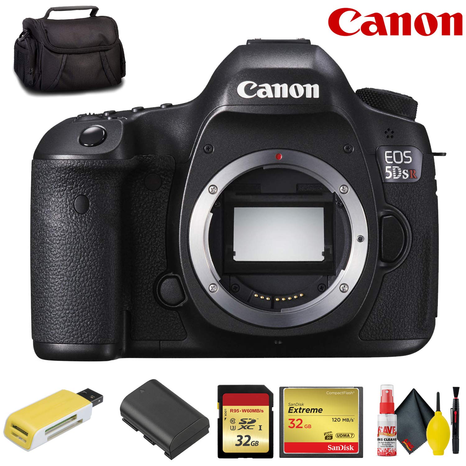 Canon EOS 5DS R DSLR Camera (Body Only) (International Model) w/Essentials: 32GB SD Card + 32GB CF Card + Cleaning Kit +