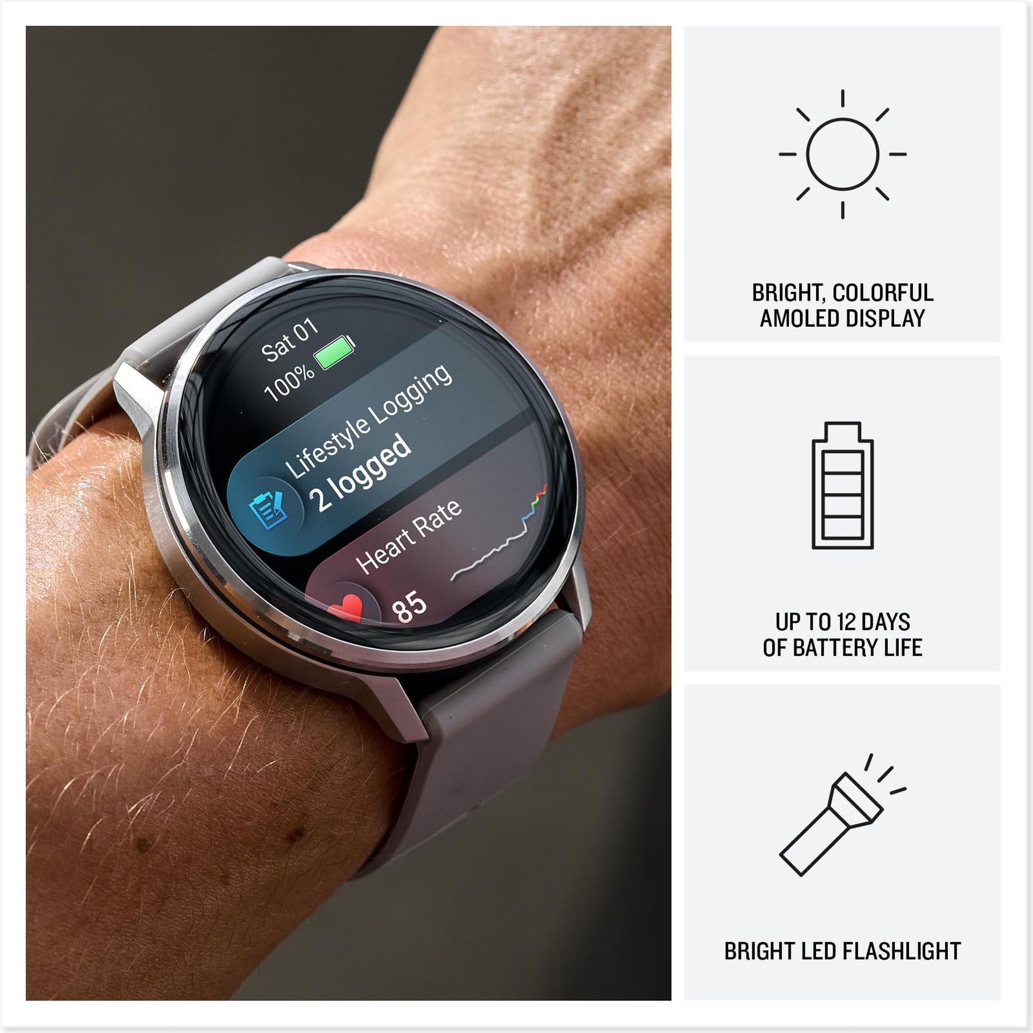 Garmin Venu® 4, 45mm, Advanced Health and Fitness GPS Smartwatch, Bright and Colorful Display, Built-in Flashlight, 12 Days of Battery Life, Silver with Silver Gray Silicone Band