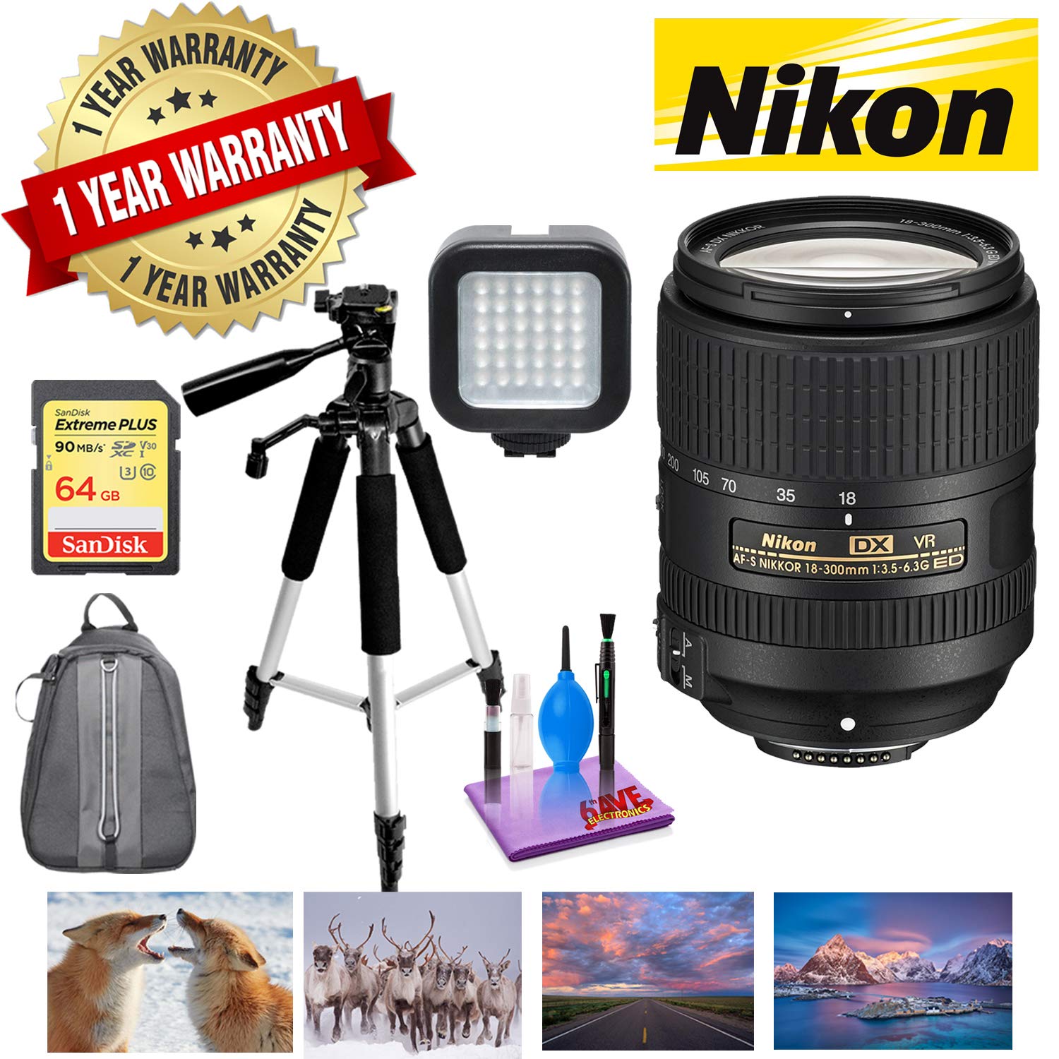 NIKON 18-300MM F/3.5-6.3G ED AF-S DX VR Lens with 1 Year Warranty, Sandisk 64GB Memory, Portable LED Light Deluxe Bundle