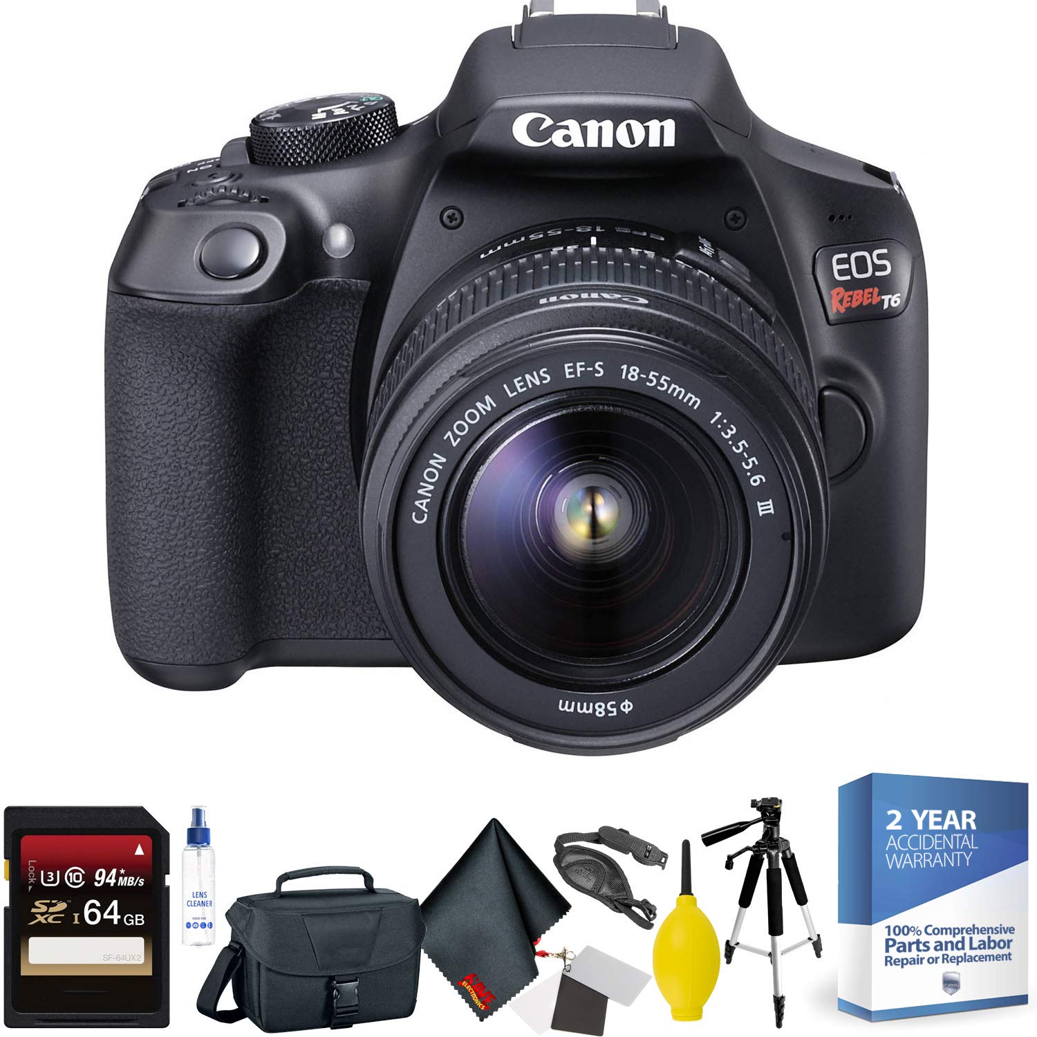 Canon EOS Rebel T6 DSLR Camera with 18-55mm and 75-300mm Lenses Kit + 64GB Memory Card + Mega Accessory Kit + 2 Year Accidental Warranty Bundle