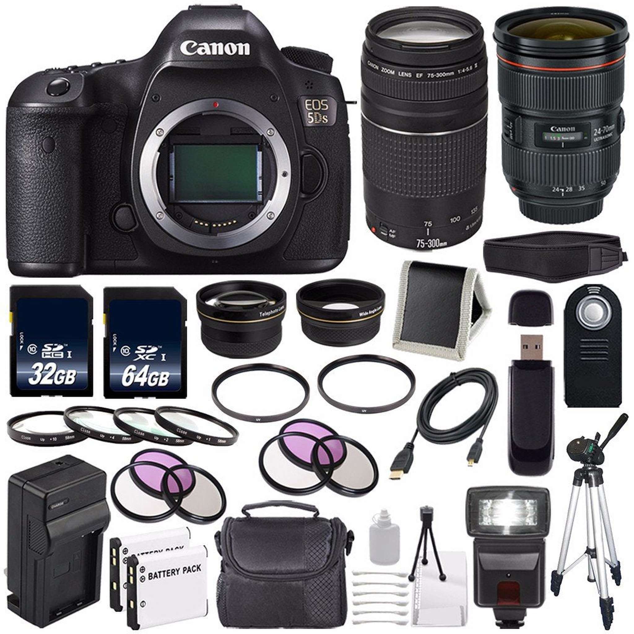 Canon EOS 5DS DSLR Camera International Model 0581C002 + Canon EF 24-70mm f/2.8L II USM Lens + Canon EF 75-300 III+ LP