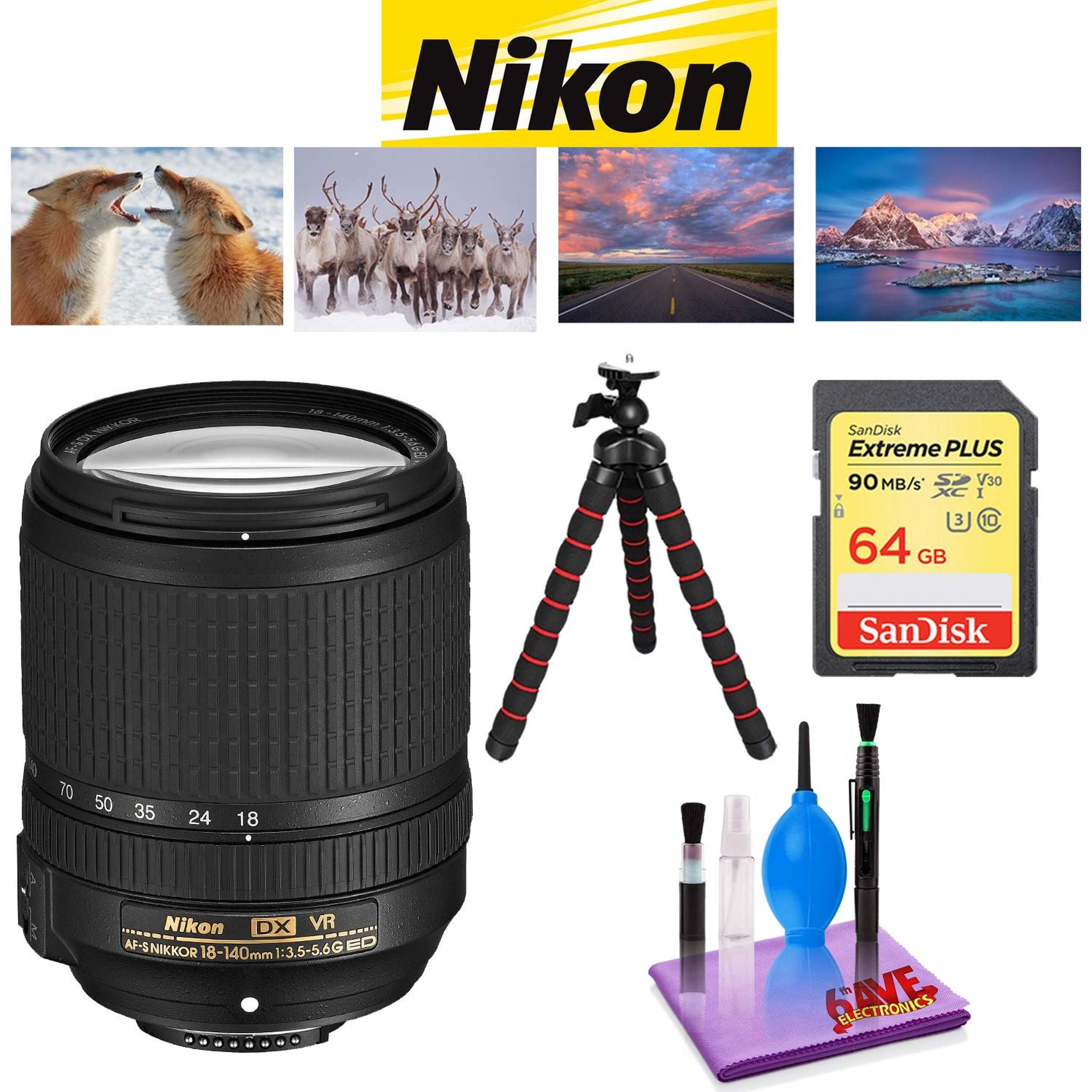 NIKON 18-140MM F/3.5-5.6G ED AF-S DX VR Lens with Sandisk 64 GB Memory Card, Deluxe Backpack for Camera + Video and 12 i