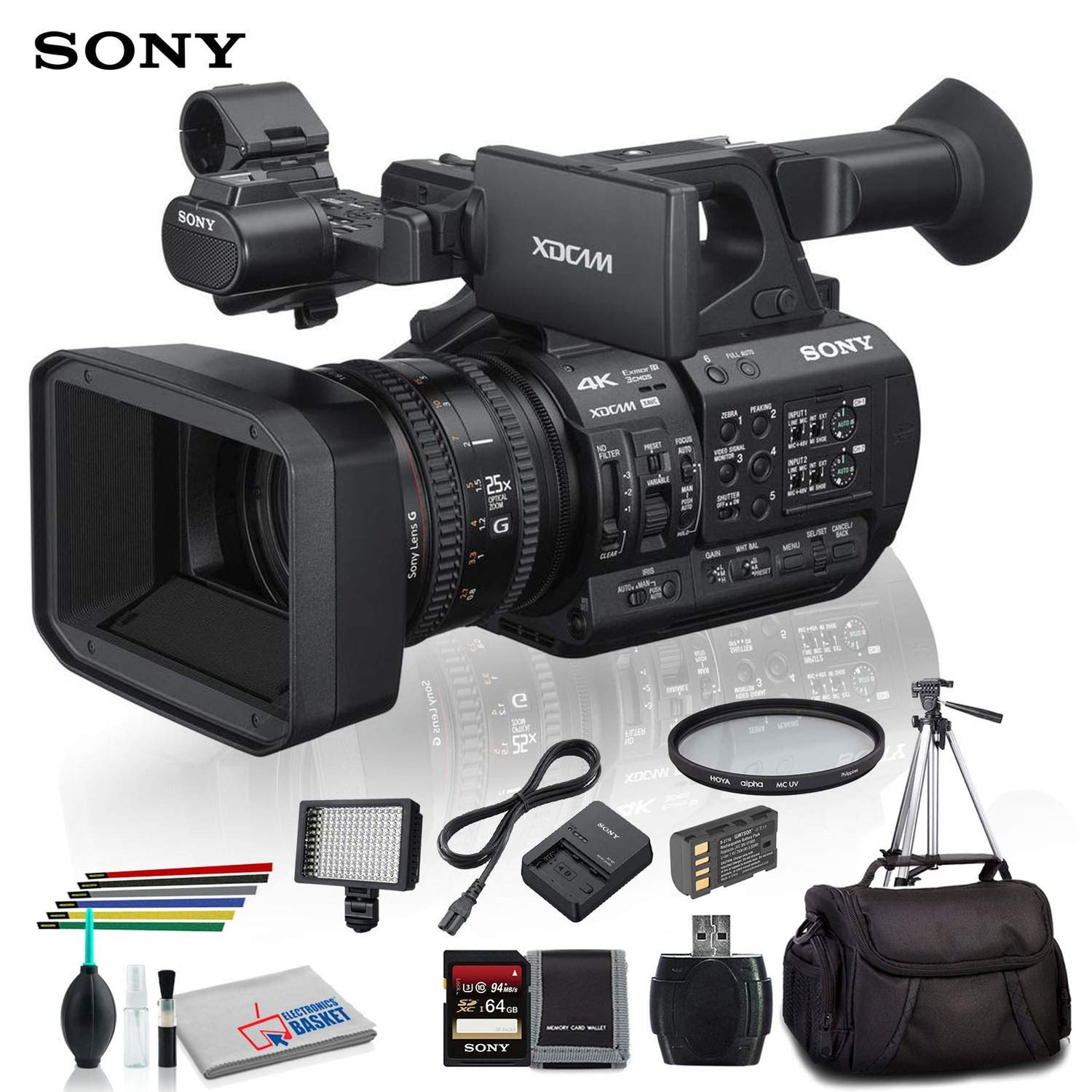Sony PXW-Z190V 4K XDCAM Camcorder With Tripod, Padded Case, LED Light, 64GB Memory Card and More Starter Bundle