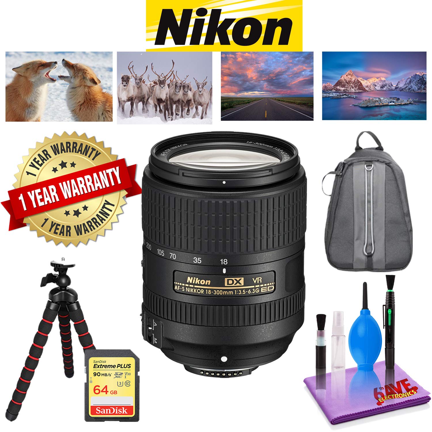 NIKON 18-300MM F/3.5-6.3G ED AF-S DX VR Lens with 1 Year Warranty, Sandisk 64 GB Memory Card, Deluxe Camera Backpack Bundle
