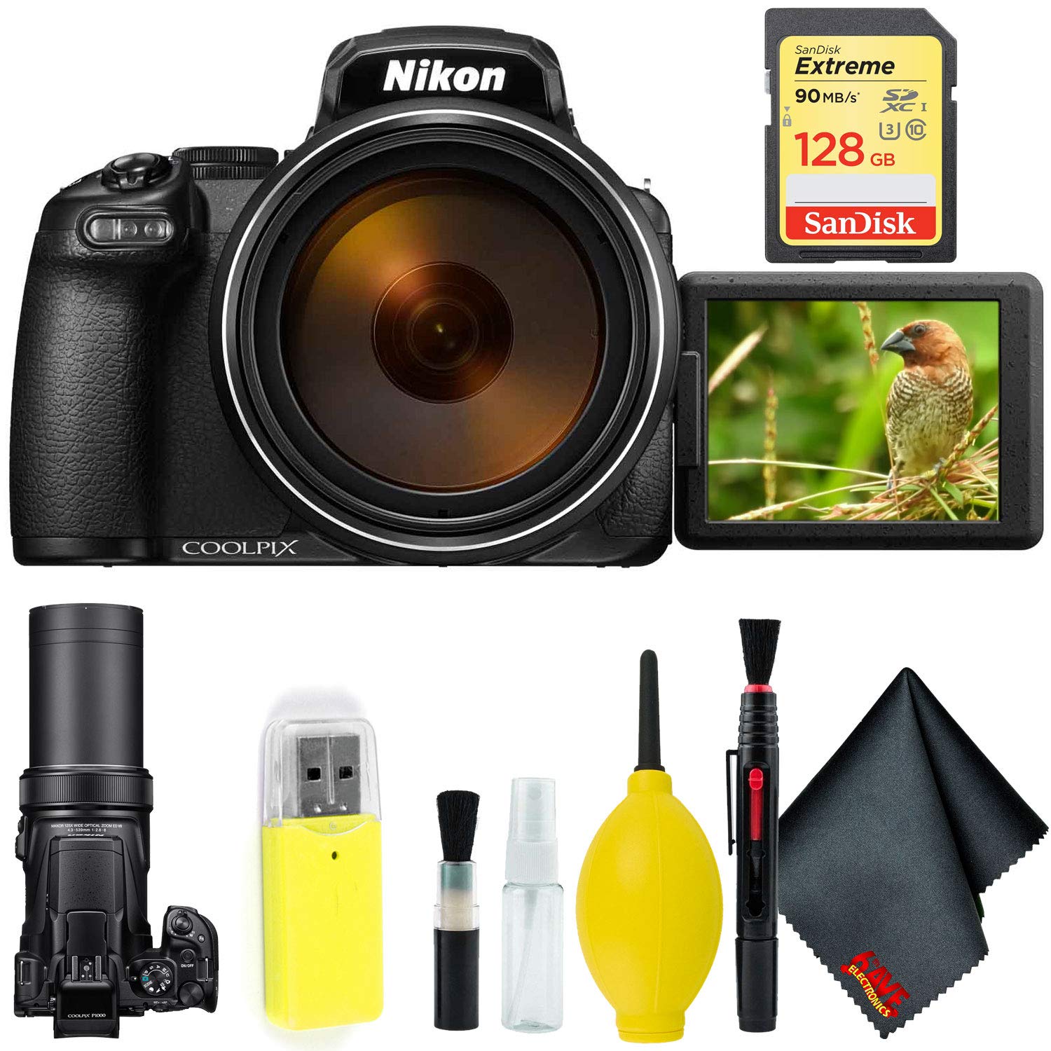 Nikon COOLPIX P1000 Digital Camera + 128GB Sandisk Extreme Memory Card Base Bundle International Model