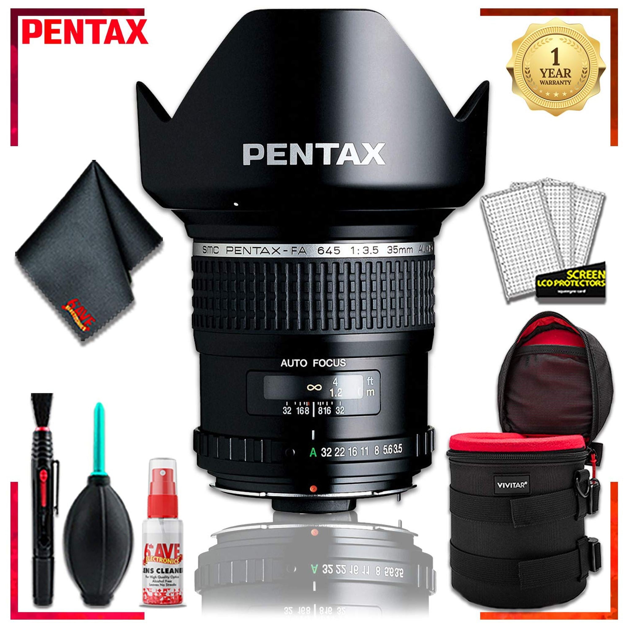 Pentax SMC FA 645 35mmf/3.5 AL IF Lens + 4.5 Inch Vivitar Premium Lens Case + Cleaning Kit